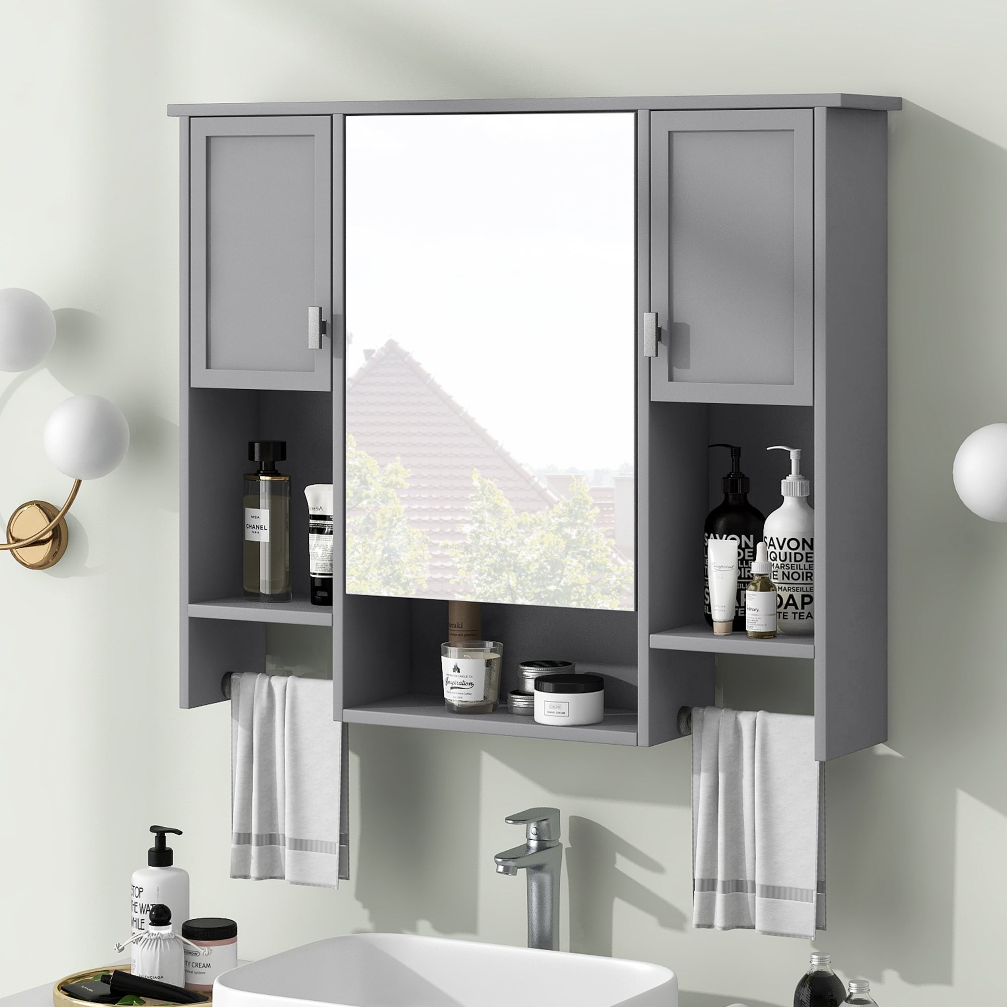 Forclover HBV-173AAE 35-Inches x 28.7-Inches Surface Mount Gray Mirrored Rectangle Soft Close Medicine Cabinet