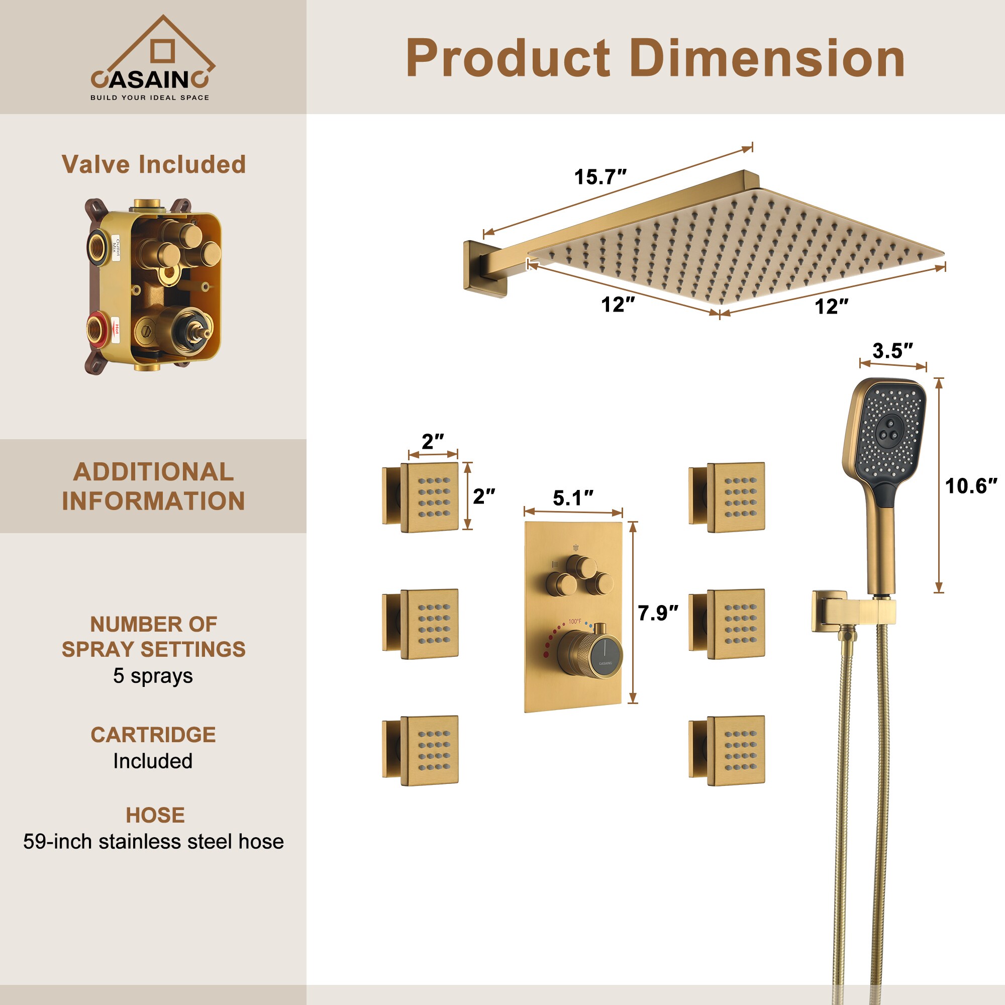 CASAINC CS6219-12BG Showerhead-Bar-Panels - View #5