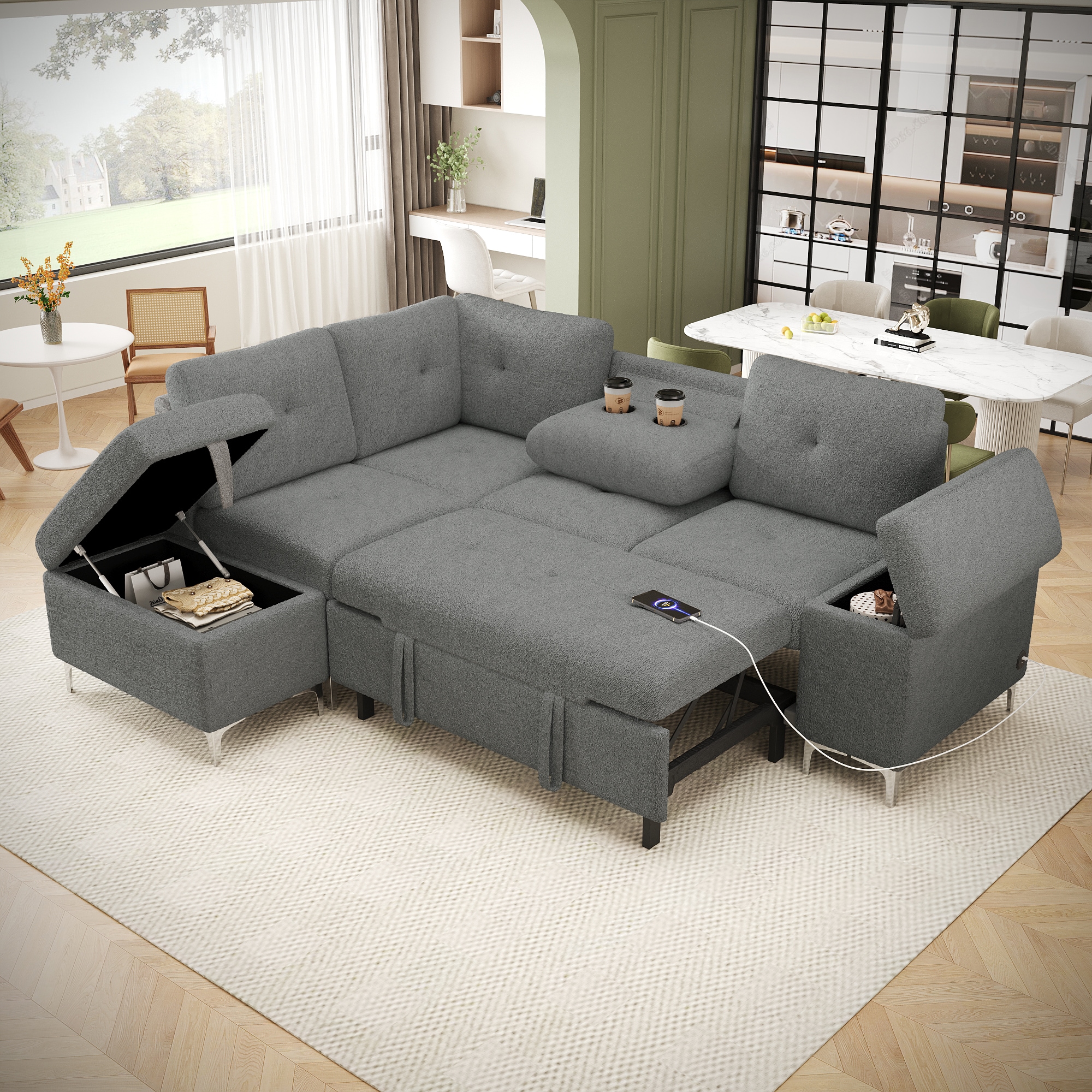 ModernLuxe N719S001830E 88.2inch Lshaped Sofa Couch Upholstered Sofa Versatile Sofa Bed with Ample Storage Space Two Cup Holders and Two USB Ports for Living Room Gray