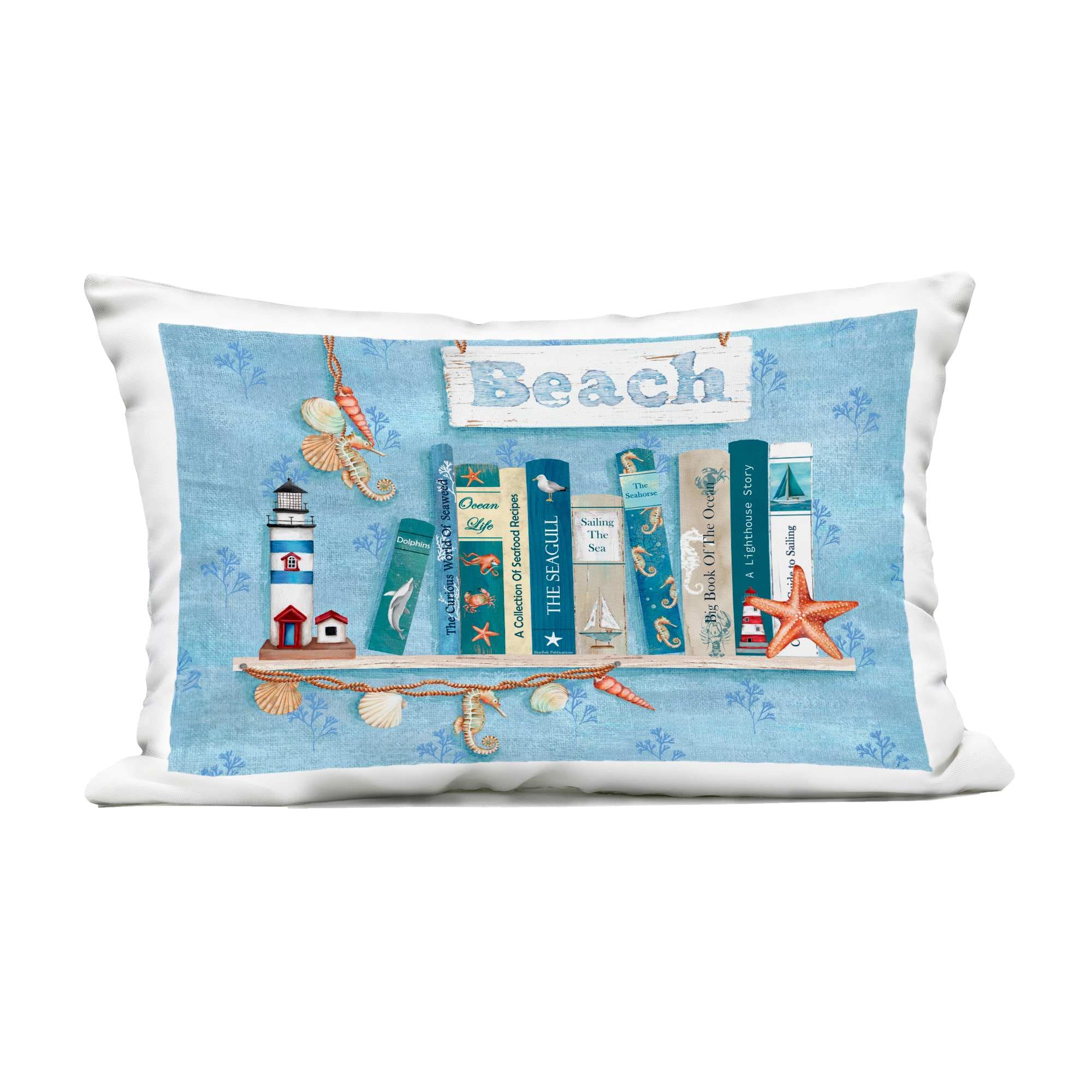 Stupell Industries PLR-088-ORC-14X20 Beachy Book Shelf Panel Outdoor Printed Pillow design by Emma Leach 14 x 20