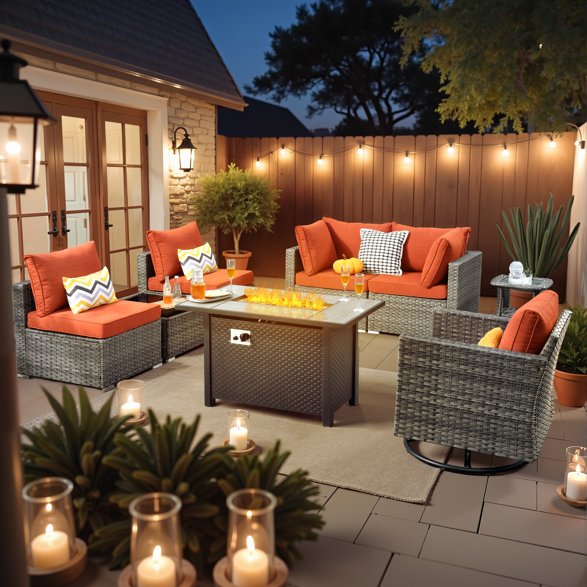 weaxty DCFP03RRSGRS808 Kuuga 8 -Piece Rattan Patio Conversation Set with Orange Cushions