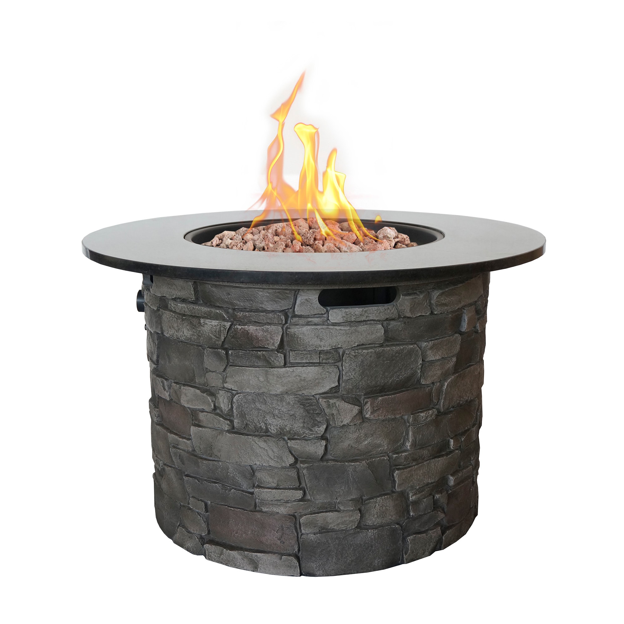 allen + roth 52052 Stacked stone fire table 36.20-in W Stacked grey stone Composite Round Liquid propane Fire pit