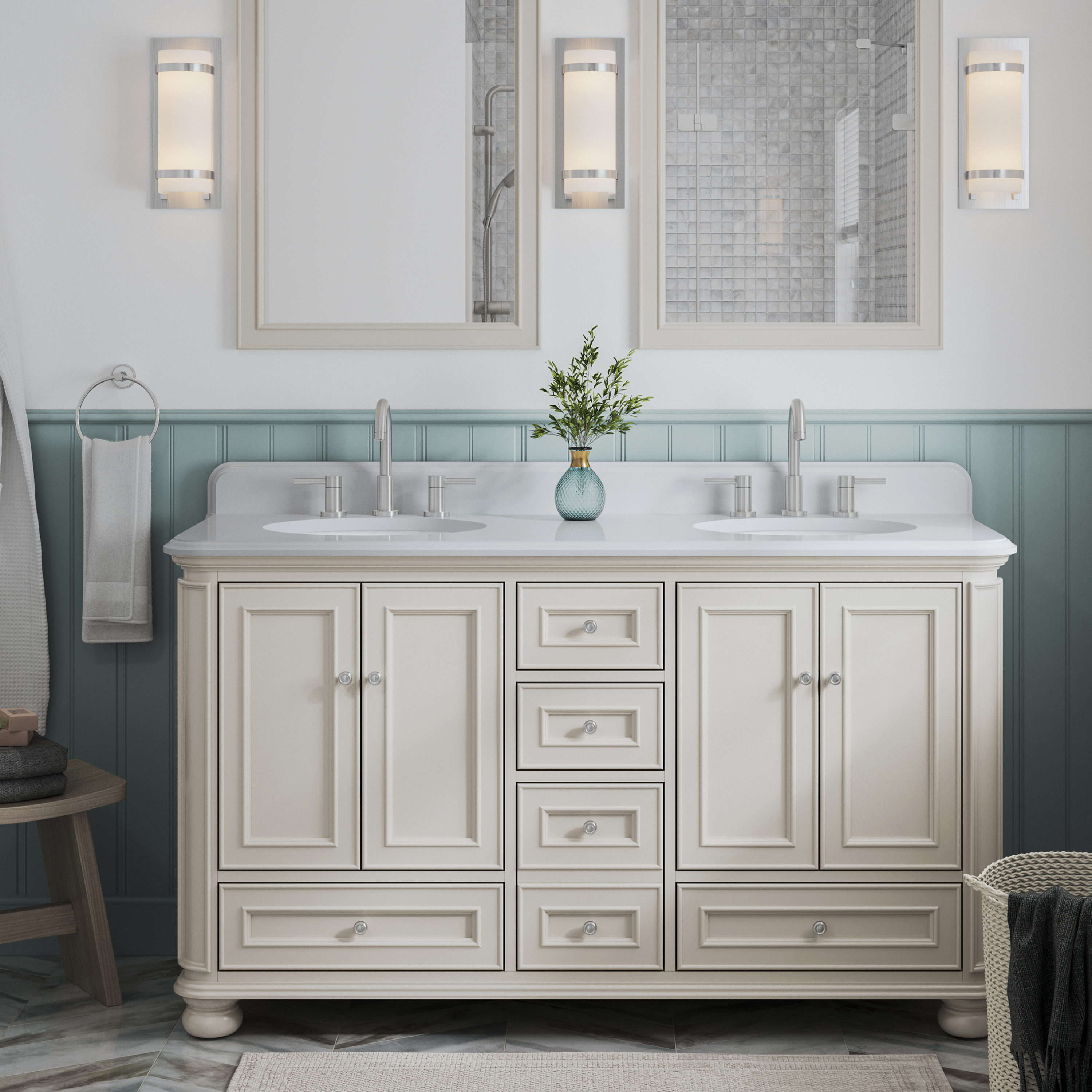 Wrightsville 60-in Flaxen Undermount Double Sink Bathroom Vanity with White Engineered Stone Top in Brown | - allen + roth 1116VA-60-320-901