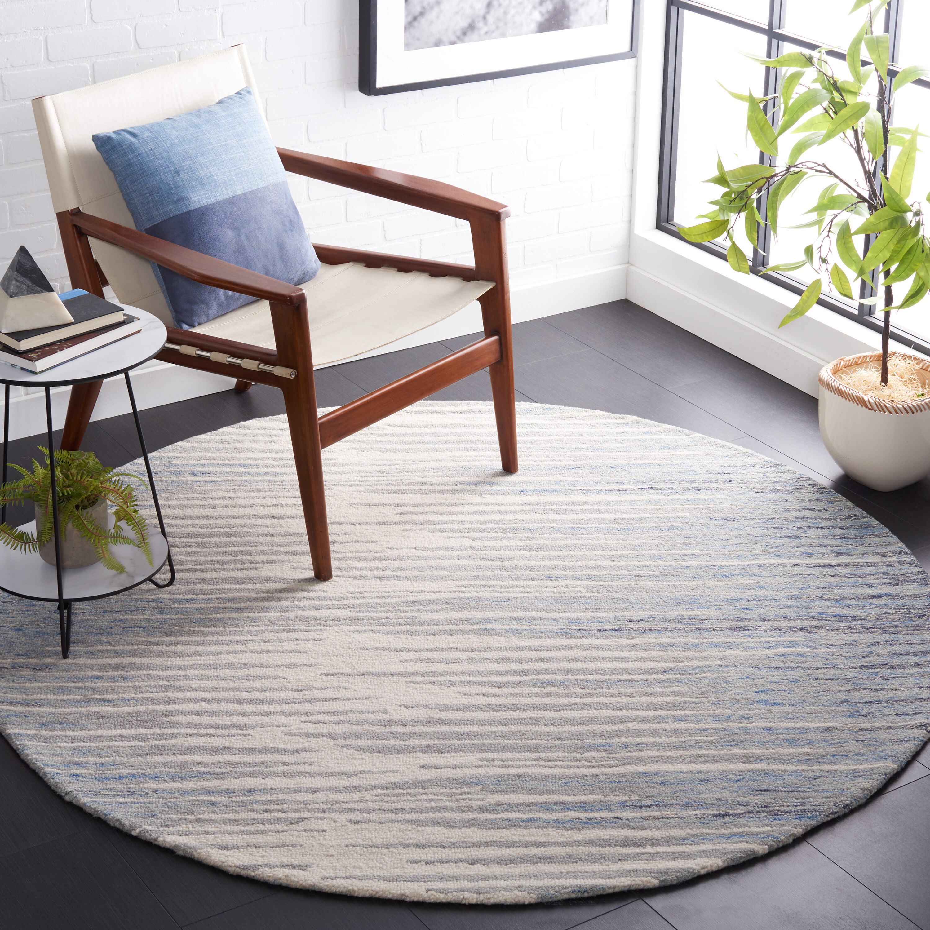  Abstract 926 Ivory/Dark Blue Contemporary 6ft x 6ft Round Rug