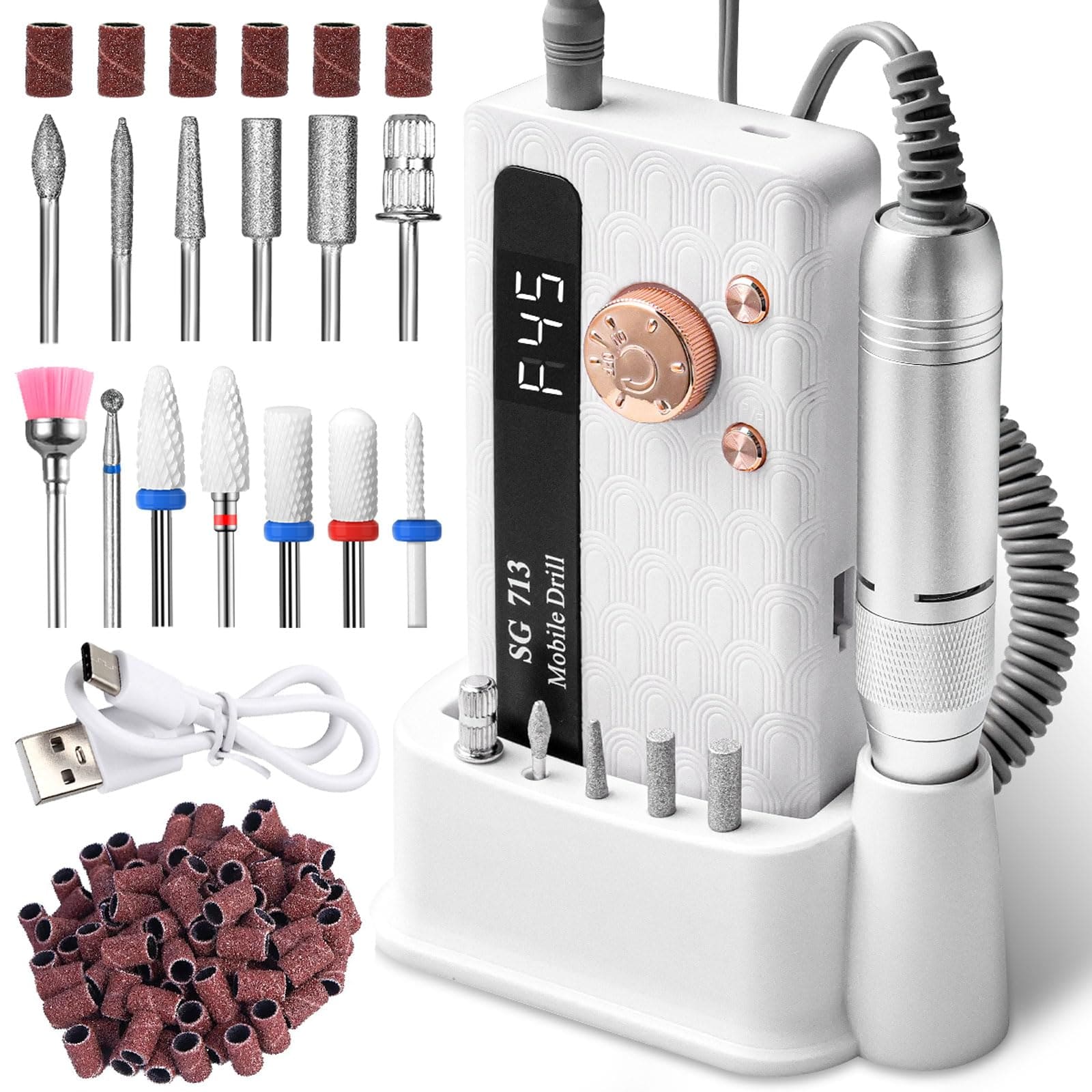 AKSCYZM  Professional Nail Drill Kit 45000RPM Portable Electric Nail File with 13 Bits and 56pcs Sanding Bands LED Screen Ultra Silent renewable