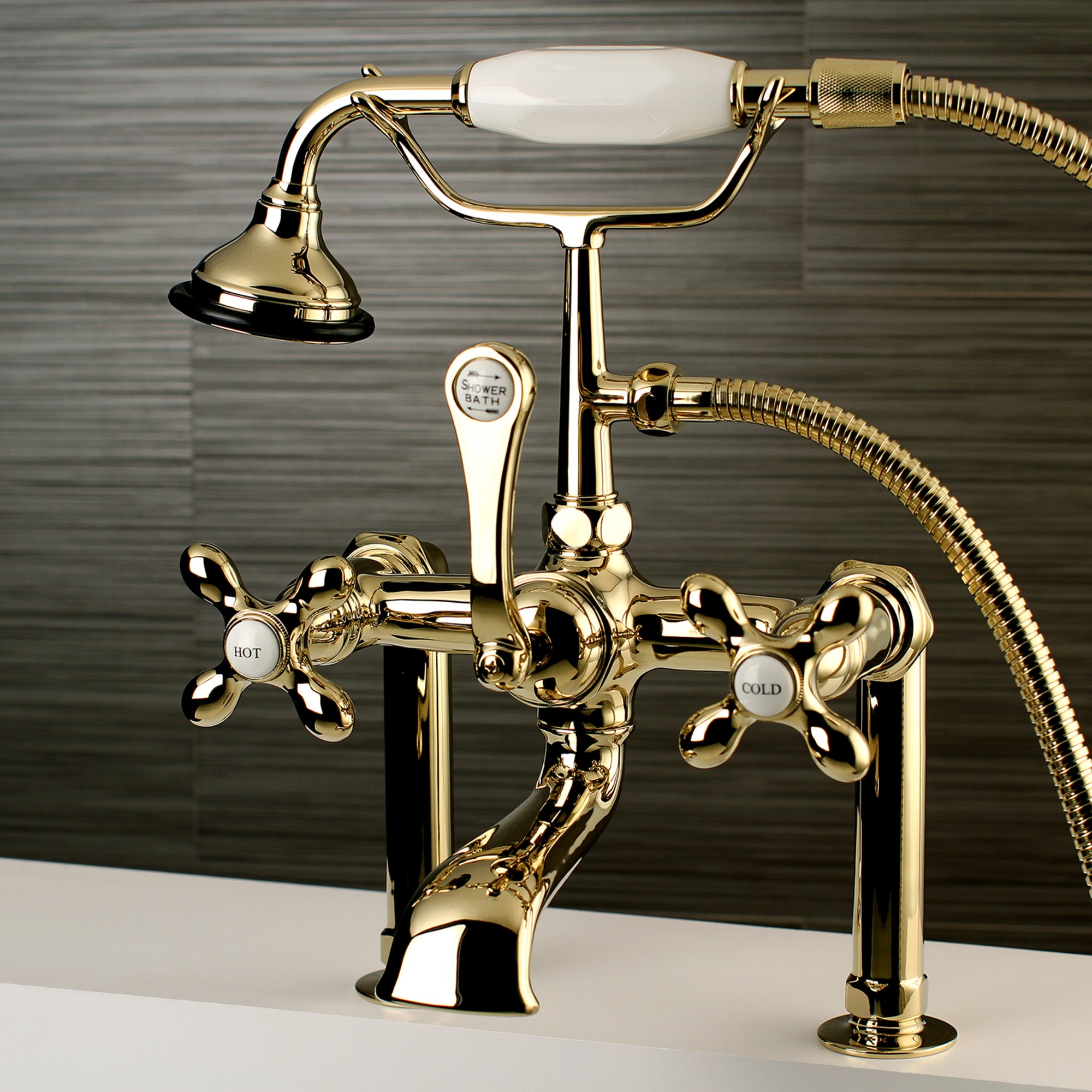Kingston Brass WLAE109T2 Vintage Polished brass 3-handle Deck-mount Roman Low-arc Bathtub Faucet with Hand Shower ( Valve Included )