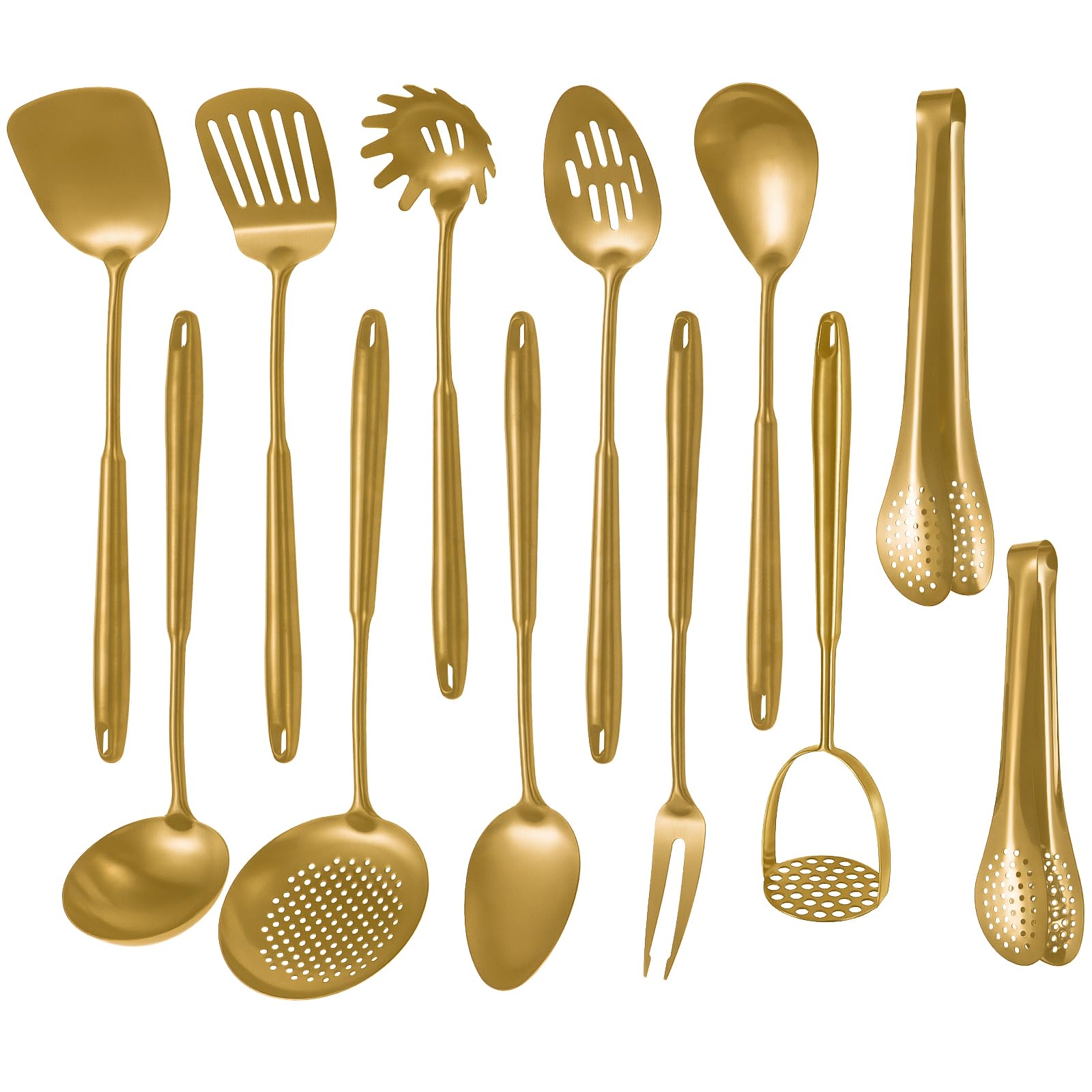 Vrbgify  12 Piece Stainless Steel Kitchen Utensils Set Matte Finish Long Handle Cooking Tools with Spatula Ladle Spoon Tongs and More Gold