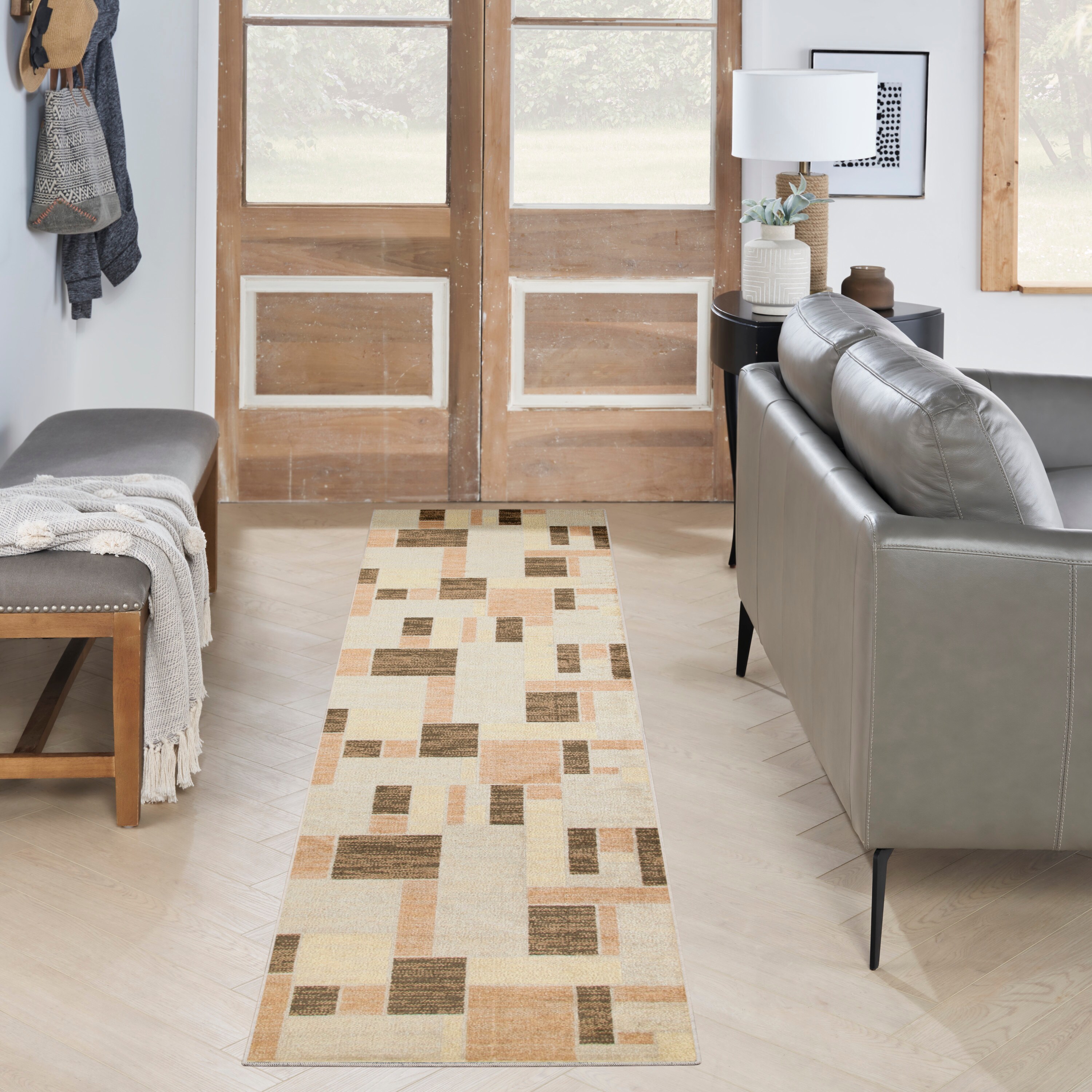 Nourison Home 099446944306 Astra Machine Washable 2 x 10 (ft) Loomed Polyester Beige Multicolor Rectangular Indoor Geometric Mid-Century Modern Machine washable Runner rug