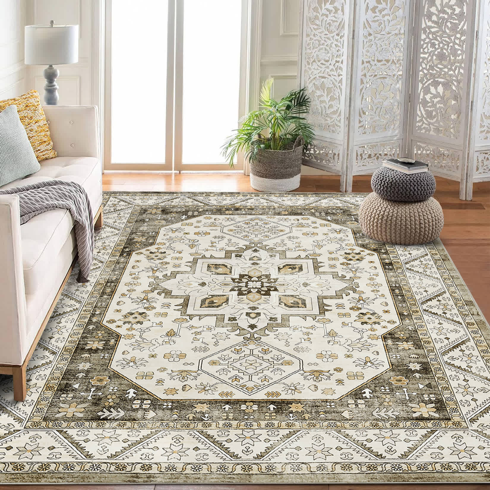Qeetex RB-PHK-343UNVHG Vintage Boho Area Rug Non-Slip Carpet for Living Room