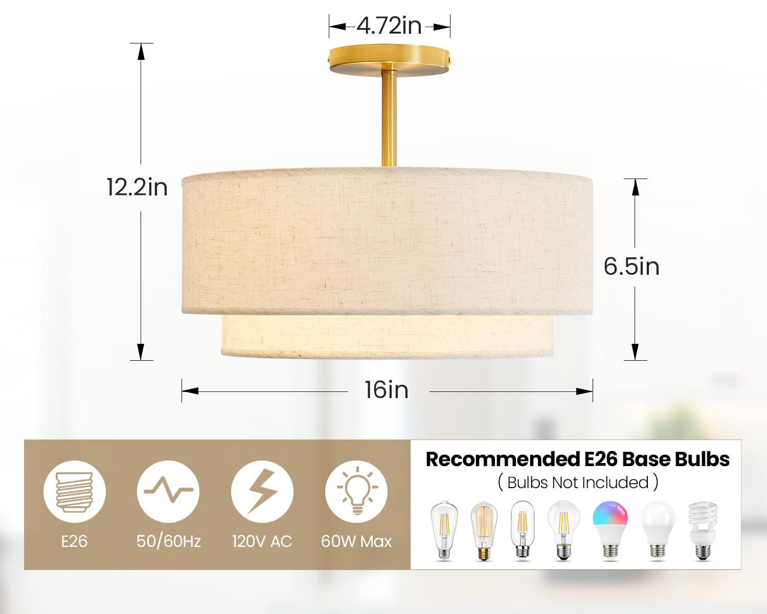 AOIZGMY Double Drum Three Light Semi Flush Mount Ceiling Light with ...