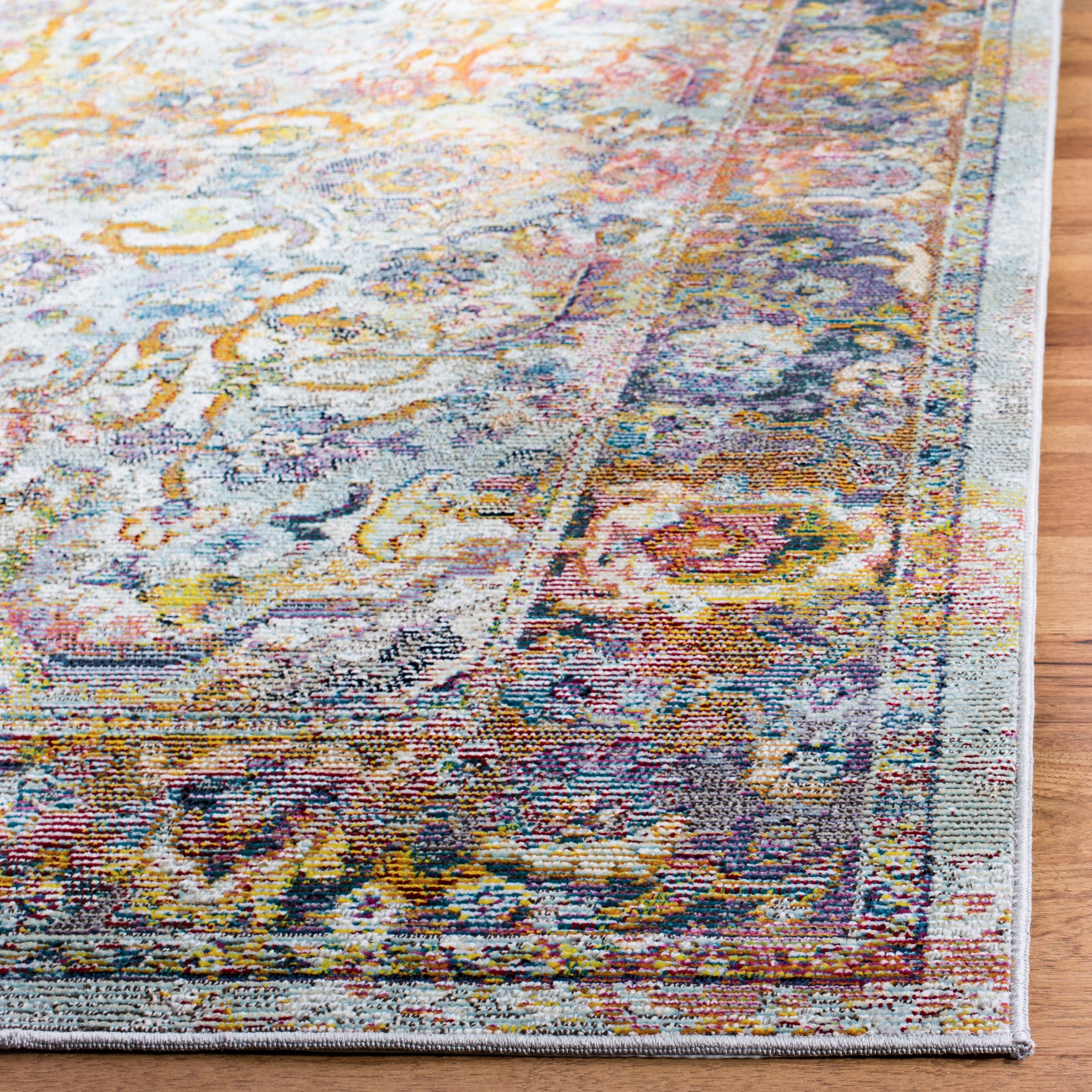Light Blue and Orange Synthetic Floral Motif Area Rug