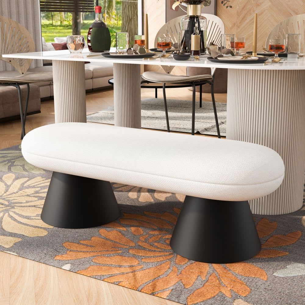 Coolbibila 51 Inch Beige Fabric Upholstered Dining Bench Modern Oval Entryway Bench Black Iron Legs End of Bed Bench