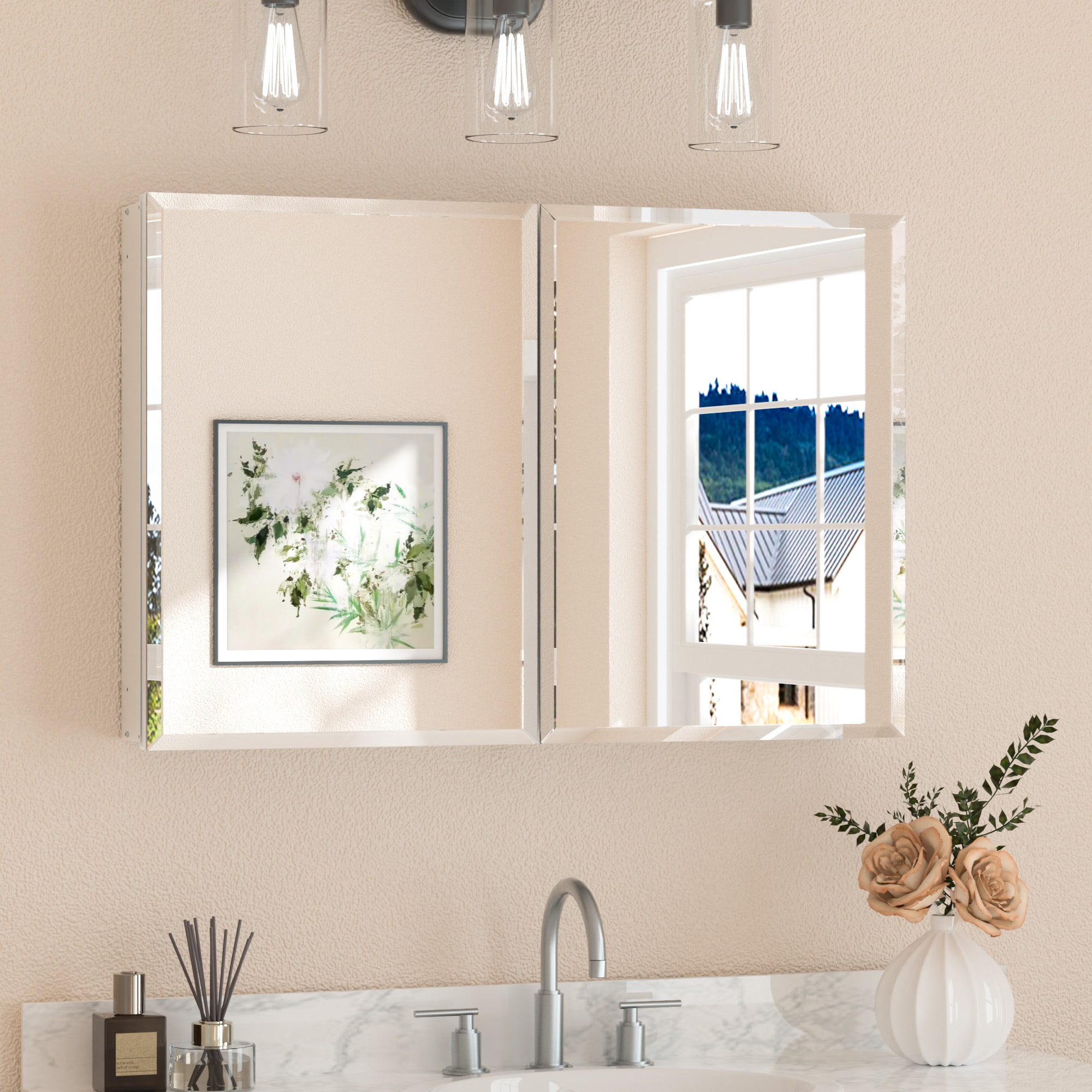 Keonjinn LW-JG-FJXP-9161-SI 36-in x 24-in Surface/Recessed Mount Sliver Mirrored Rectangle Soft Close Medicine Cabinet