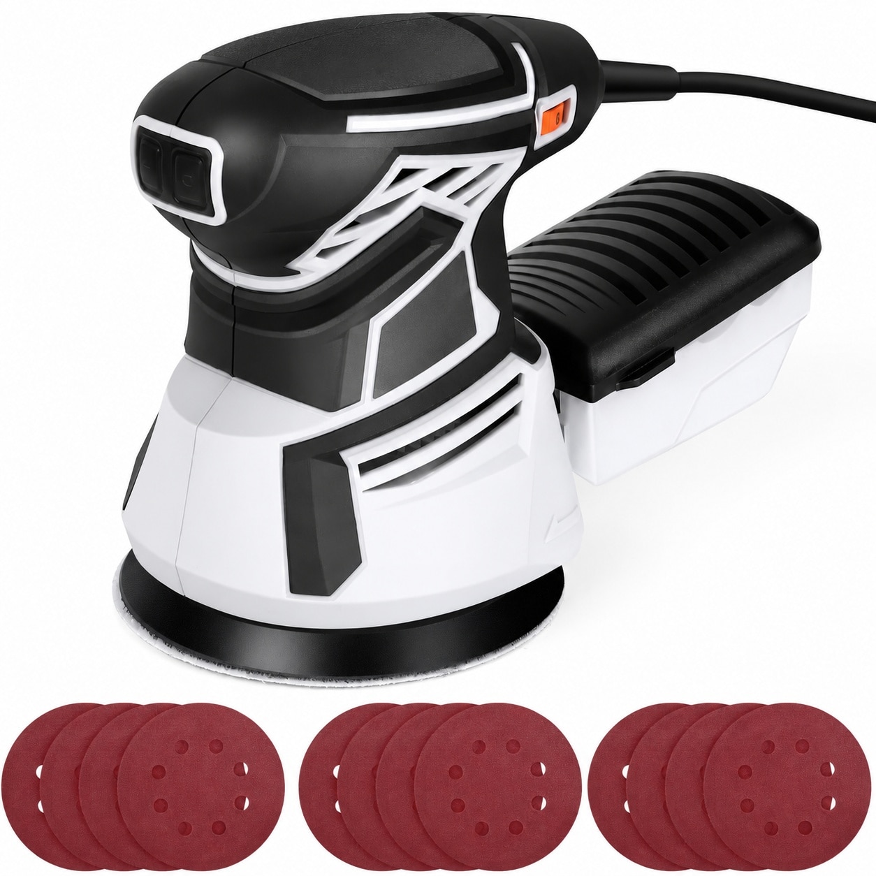 Justincity  2.6A Random Orbital Sander with Six Variable Speeds 13000 Orbits Per Minute 5 inch Sanding Discs and Dust Collection Box for