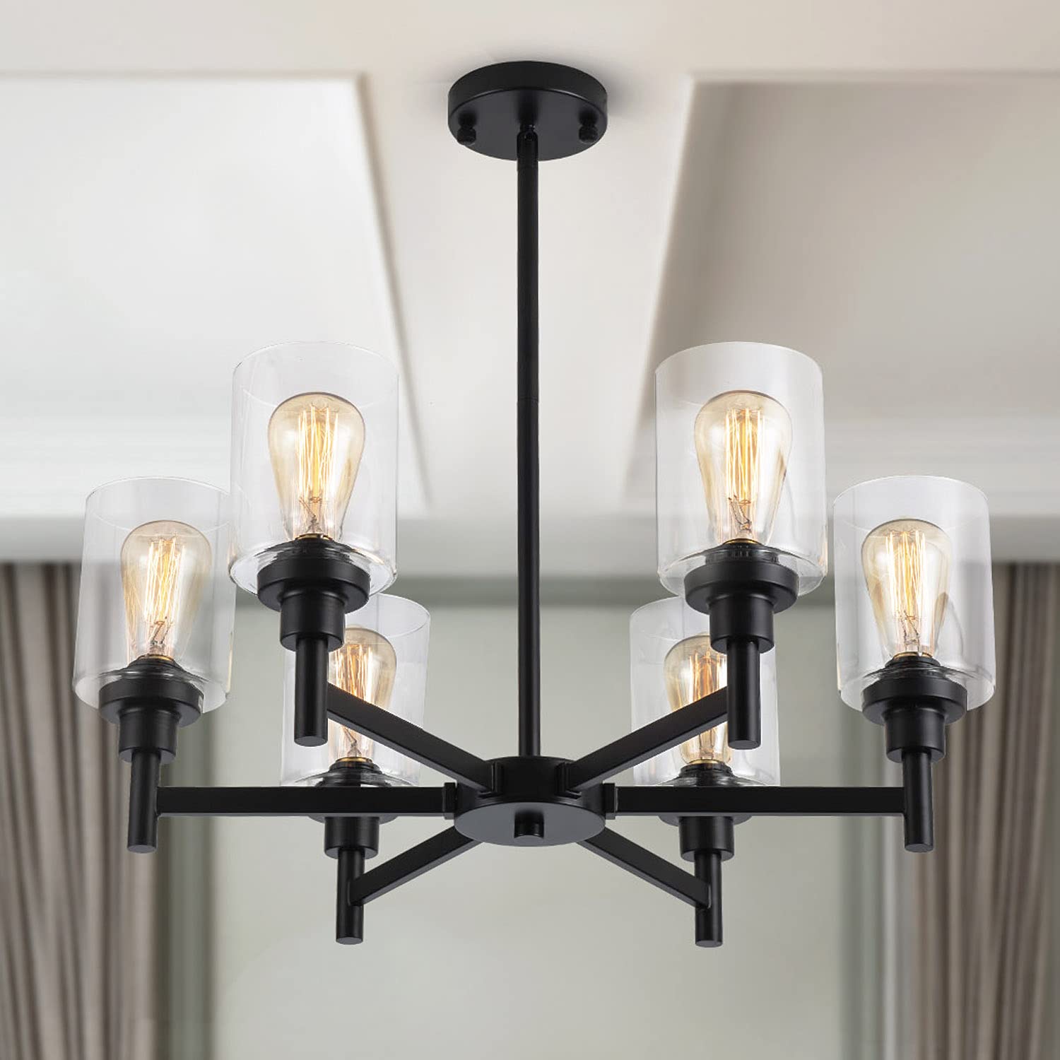 Oyezvary  Black Chandelier Six Light Farmhouse Dining Room Light Fixture with Clear Glass Shades Industrial Hanging Lighting for Kitchen Island