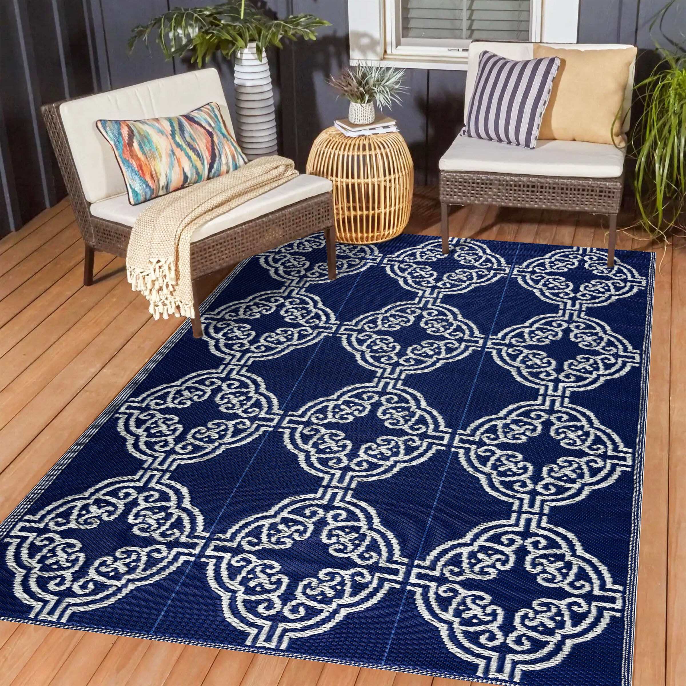 Playa Rug PLY-F-MRC-NC-10X14 10 x 14 (ft) Knotted Polypropylene Marrakesh-NavyWhite Rectangular Indoor/Outdoor Geometric Area rug