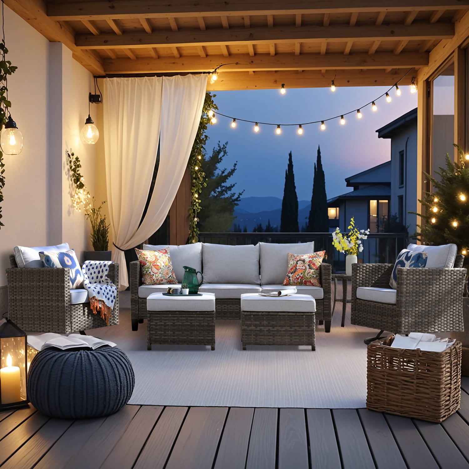 XIZZI XSQRC7163 Lullaby 6.0 -Piece Rattan Patio Sofa Conversation Set with Gray Cushions