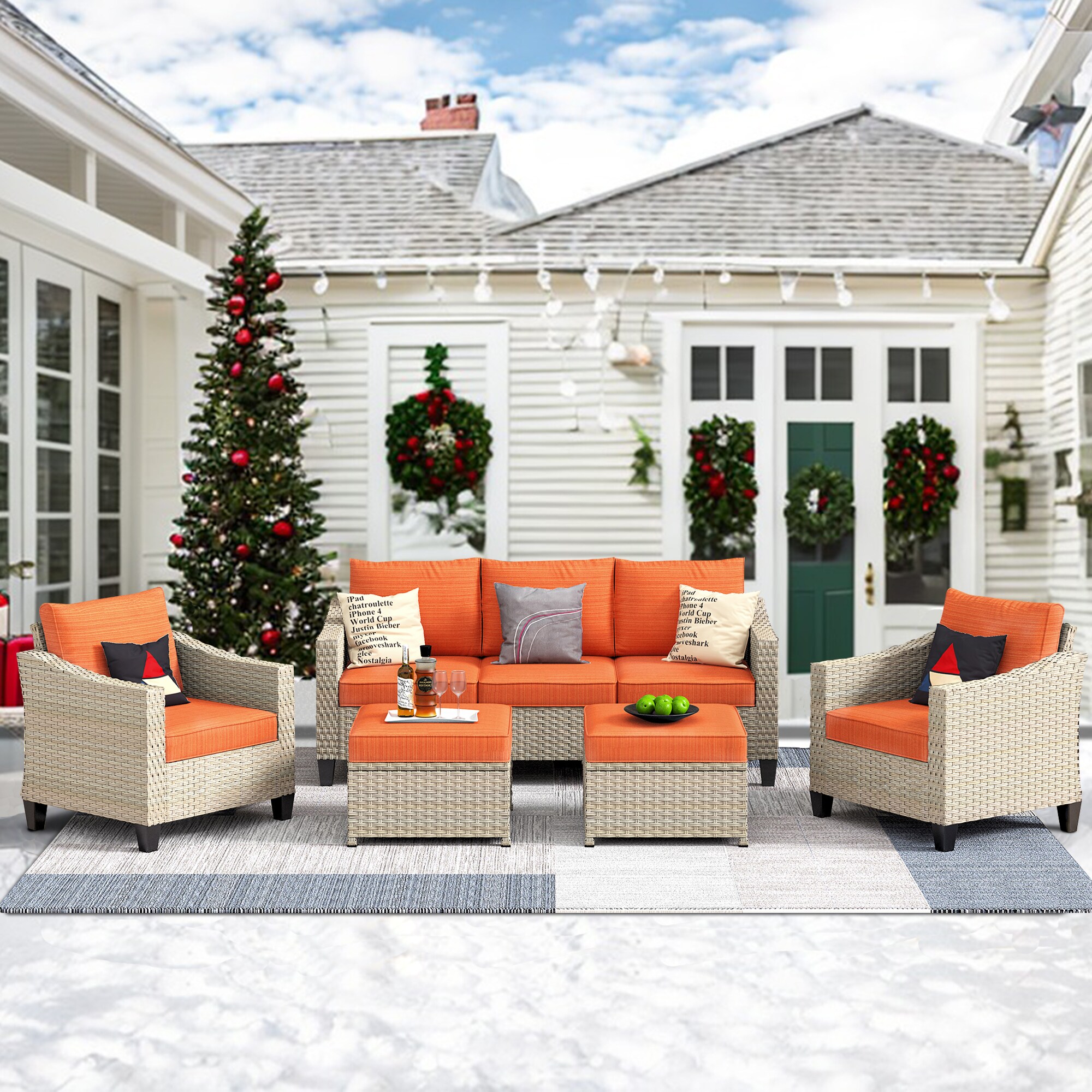 Pouuin SDAR805 5 -Piece Rattan Patio Sofa Conversation Set with Orange Cushions