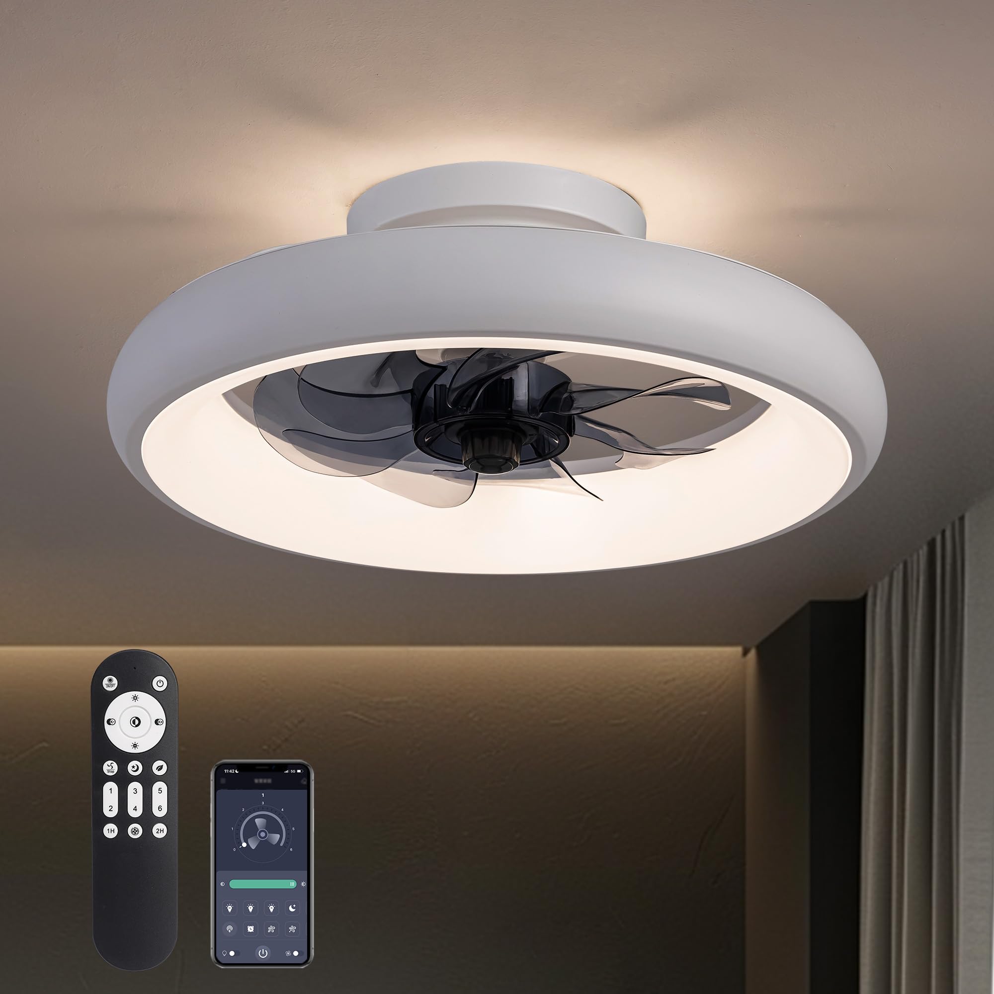 SILJOY Y1095-WH-MINI Flush mount Ceiling Fan with Light and Remote Control Include