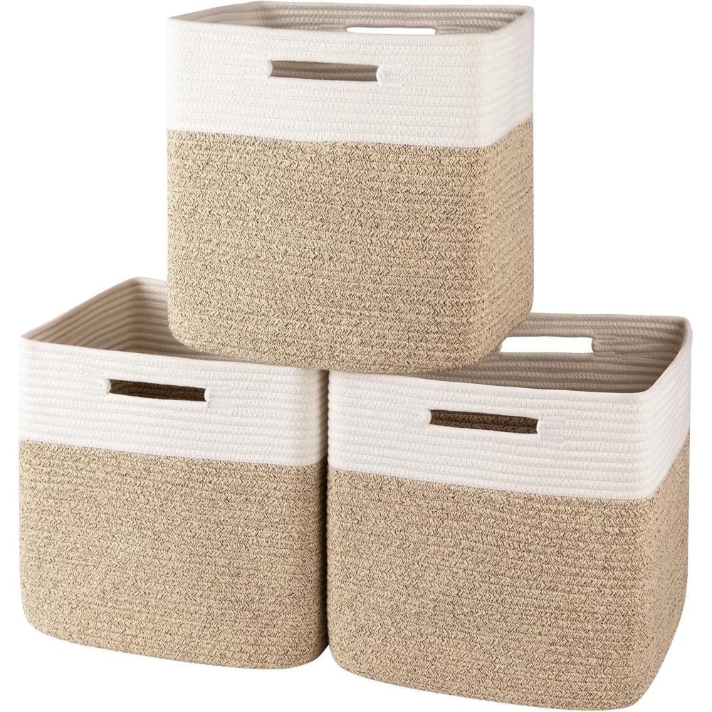 Baginizer  Cotton Rope Woven Cube Storage Bins 13 Inch 3 Pack Insert Baskets for Shelves Baby Nursery Closet Organizer Brown White 13x13x12.6 Inch