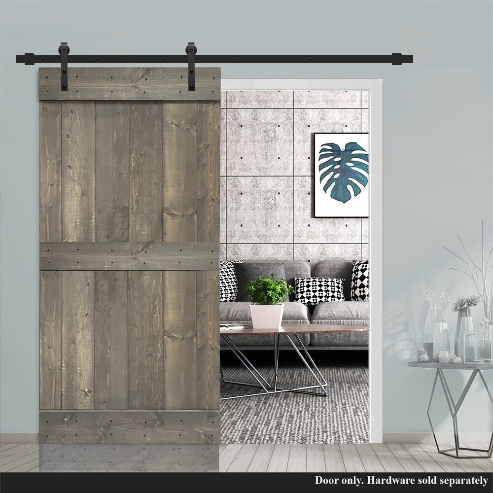 CALHOME Mid bar pre-assembled wood barn door 24-in x 84-in Weather Gray ...