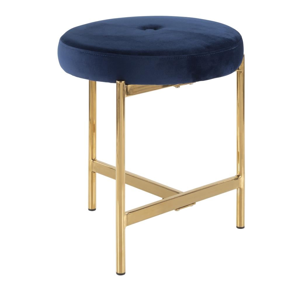 LumiSource B17-CHLOE AU+BU Chloe Gold Metal, Blue Velvet 18-in H Small Upholstered Metal Backless Bar Stool