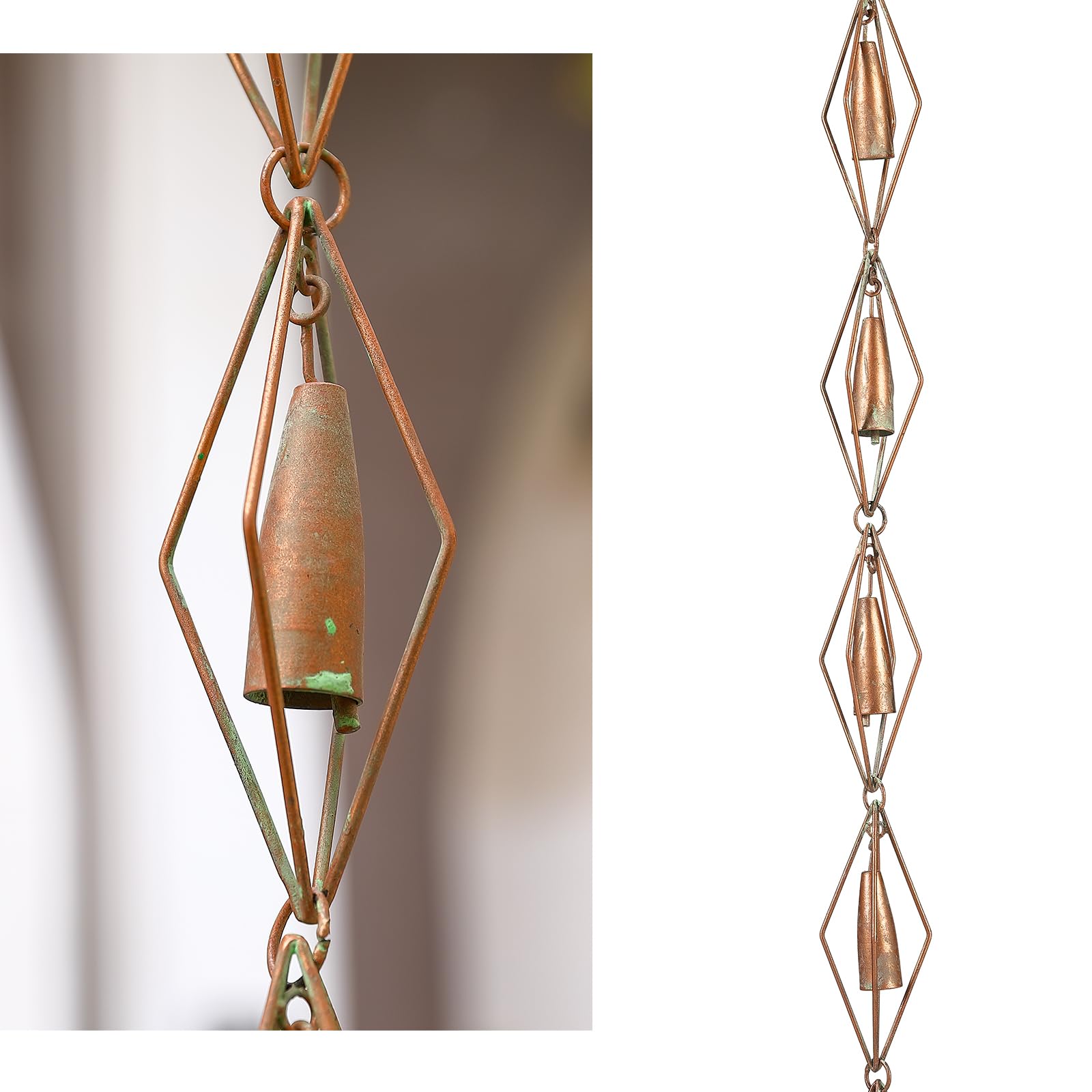 Afoxsos  Eight and One Half Feet Rain Chain for Gutters Copper Patina Finish Iron Diamond Bell Shape Outdoor Water Feature Easy Install