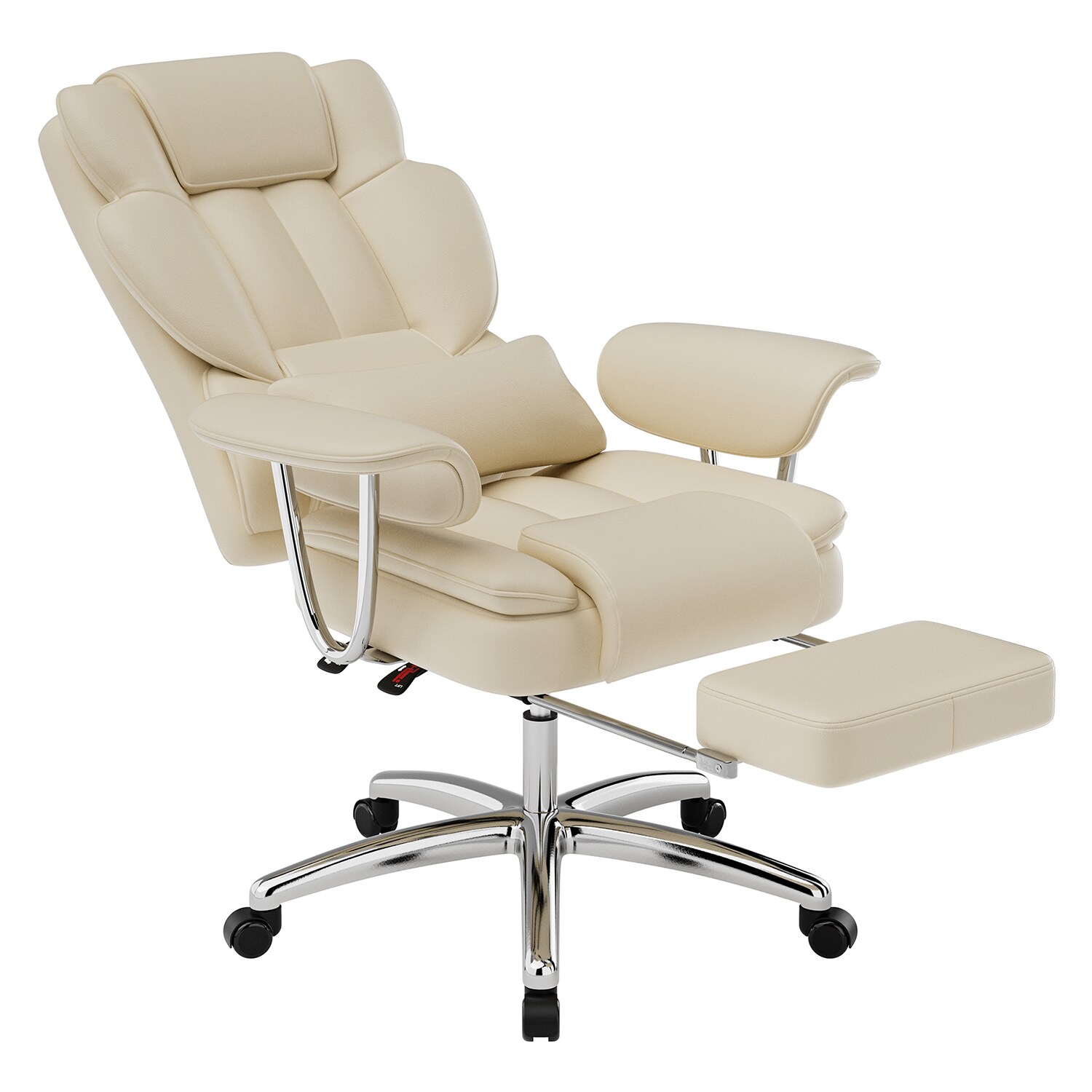 Beige leather reclining office chair with footrest extended, chrome base