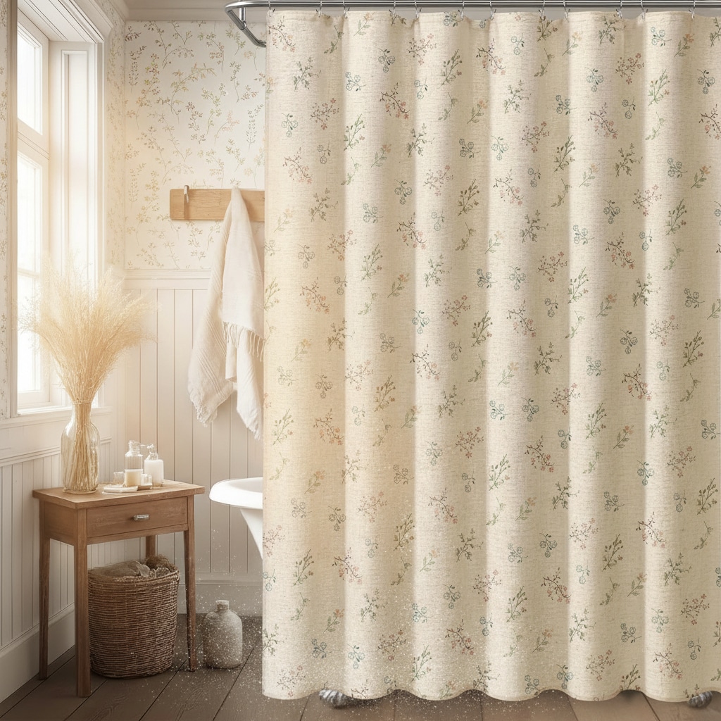 Paradigms Interiors Pink Green Floral Farmhouse Vintage Linen Shower Curtain French Country Spring Design 72x72 Inches