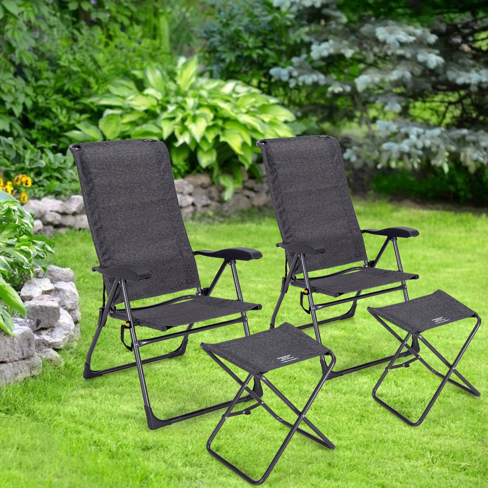 Gray Steel Folding Outdoor Patio Chair Set with Ottomans