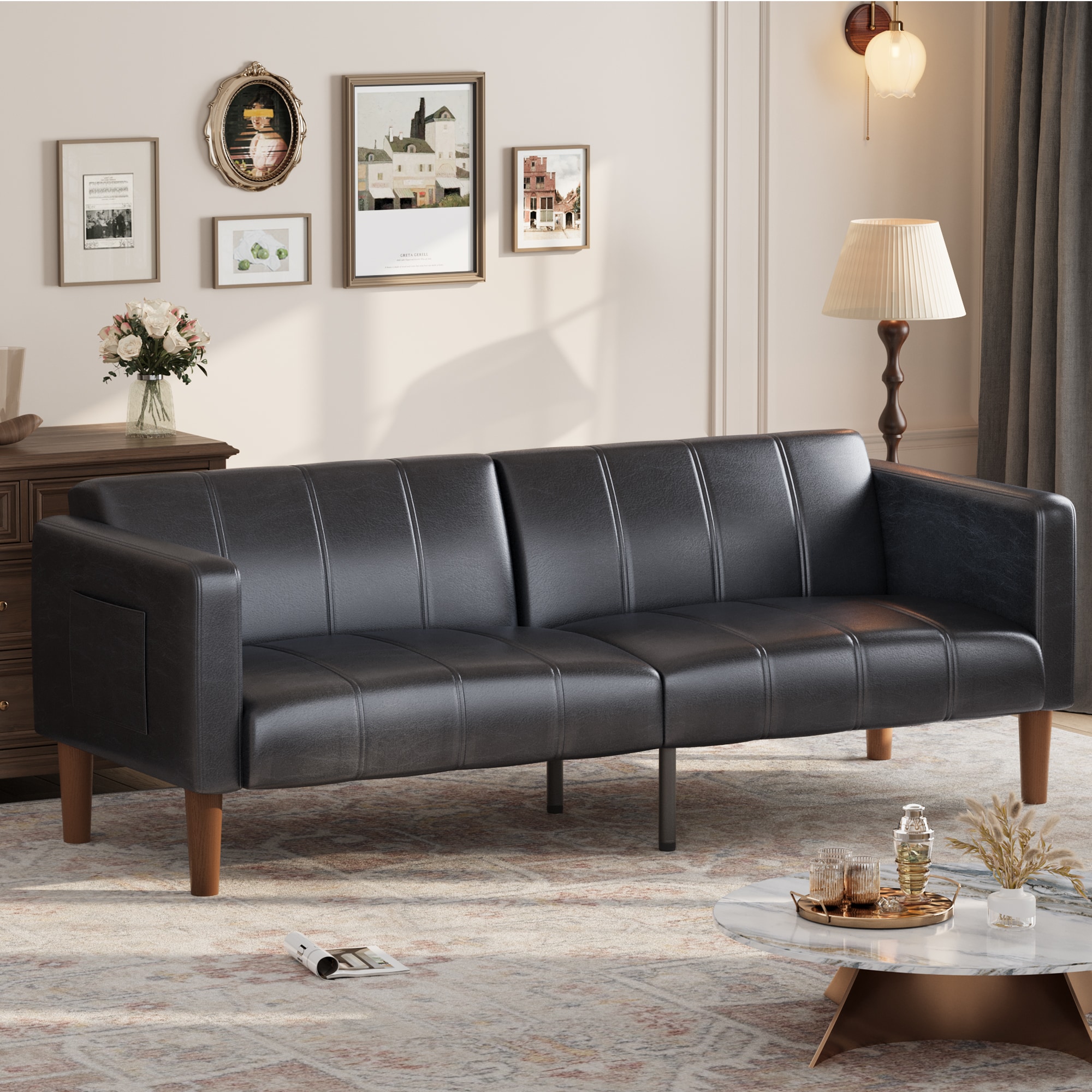 Aoile - 75 Inch Black Faux Leather Futon Sofa Bed - Mid-Century Convertible Couch Loveseat with U...