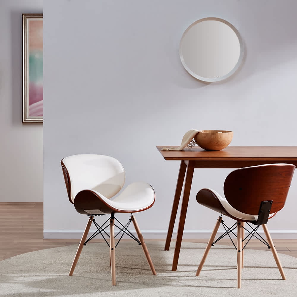 Belleze  Set of 2 Mid Century Modern dining Chairs Upholstered Faux Leather Walnut Curved Back White