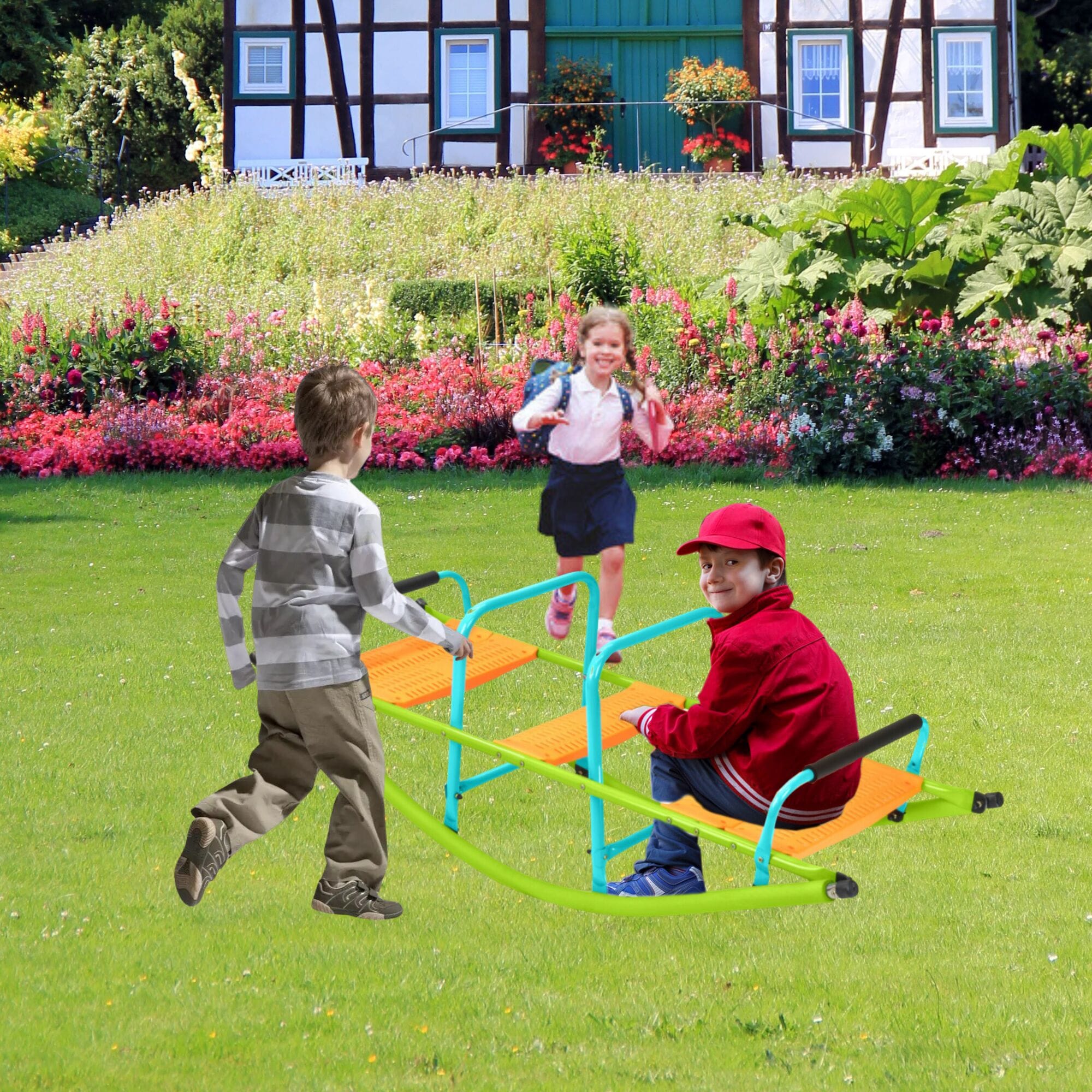 Tatayosi high quality kids seesaw plastic seat playground equipment cute baby plastic rocker outdoor children blue and green  steel tube for kids age 3+