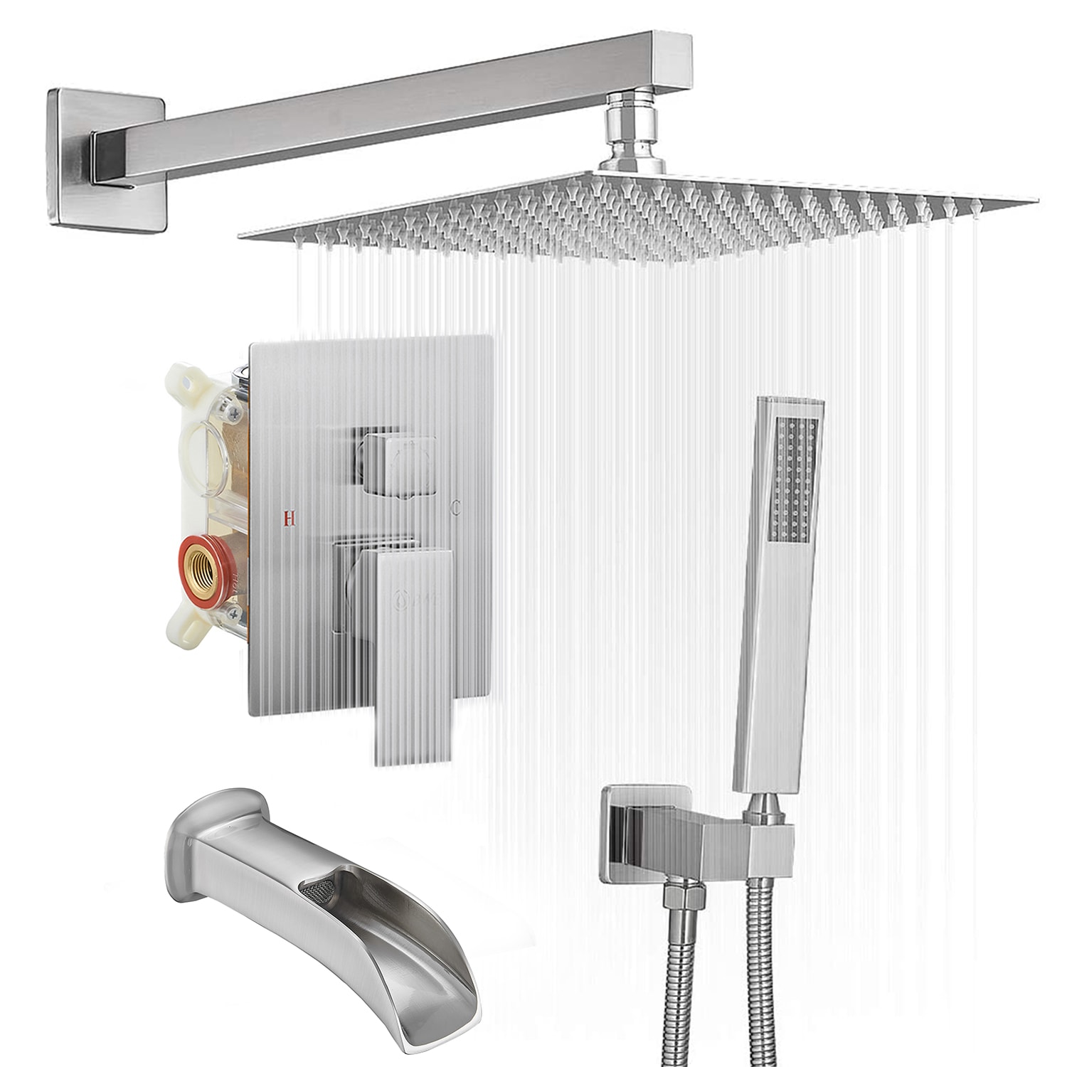 BWE A-95018-N A-95018 Shower Faucet Brushed Nickel 1-handle Multi-function 10-Inches Square Bathtub and shower Faucet with Valve