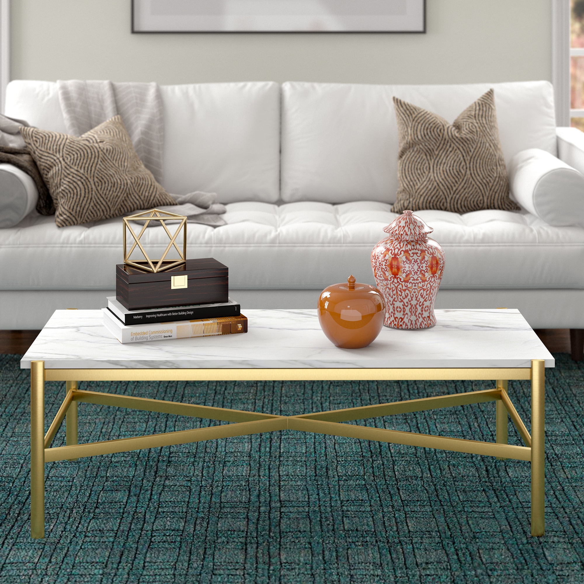Braxton Gold Rectangular Coffee Table with Faux Marble Top