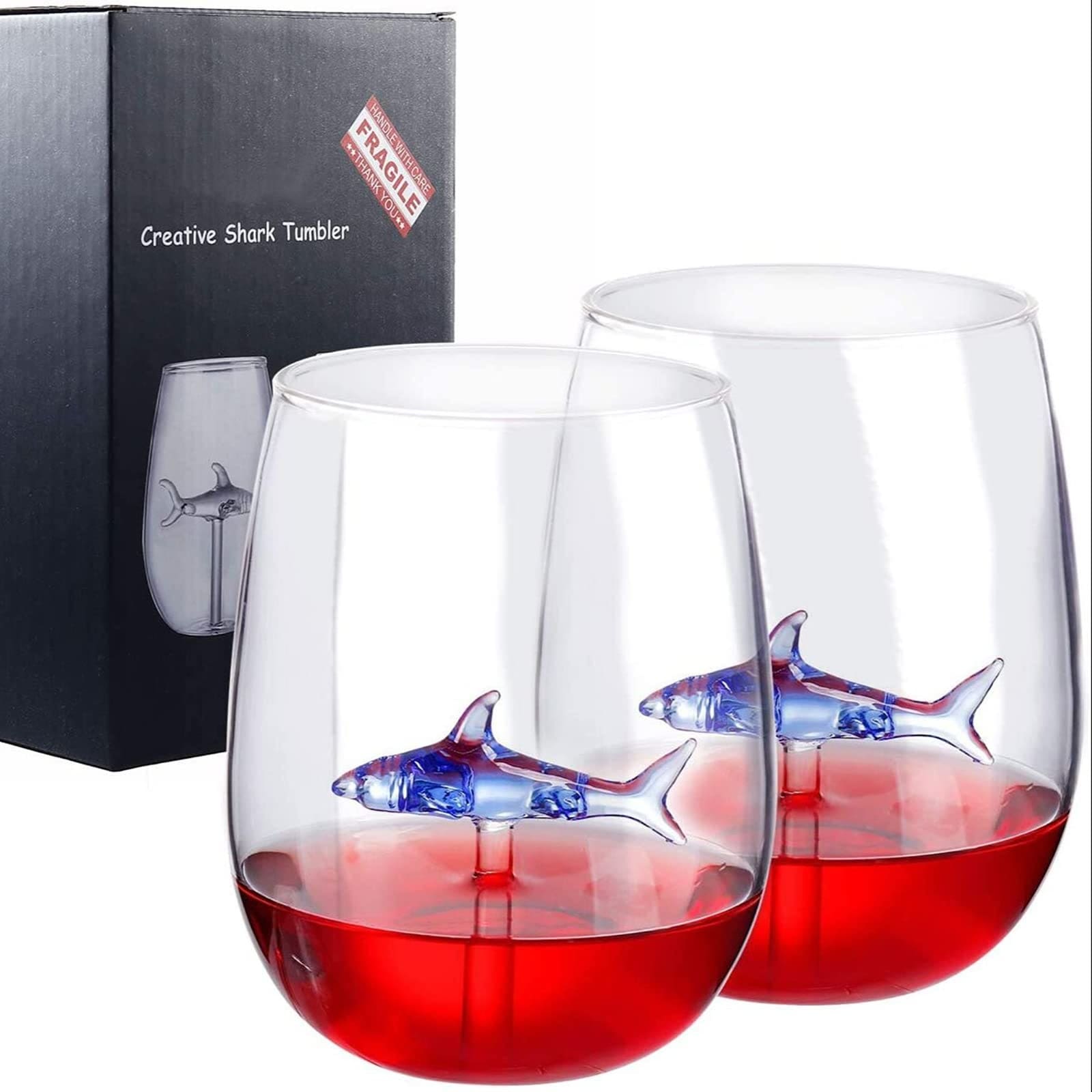 Aoibox  16 oz Stemless Crystal Wine Glasses Shark Figurine Inside Unique Fun Design for Party Birthday Set of 2