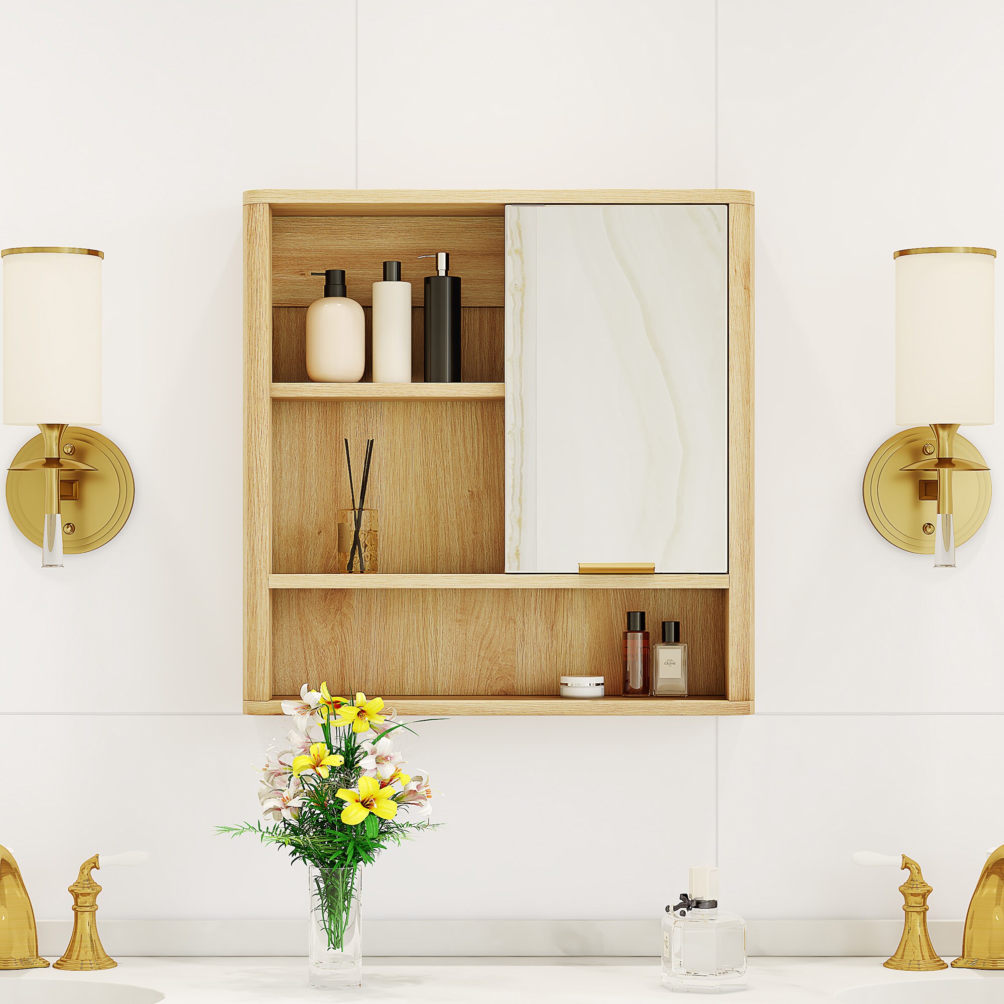 Wooakway 21.5x22 Inch Wall Mounted Bathroom Mirror Cabinet Open Storage ...