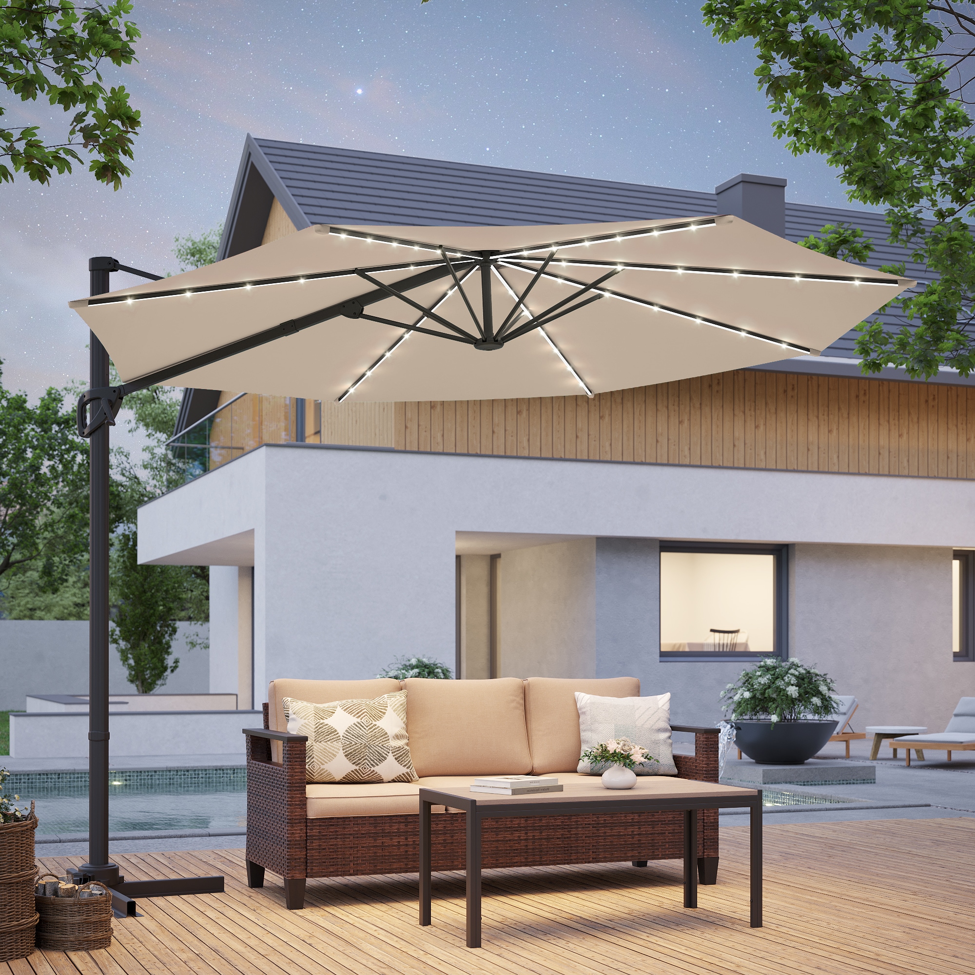 ACEGOSES LW-LED-JC12M 10-ft Steel Tan No-tilt Cantilever Patio Umbrella with Lights