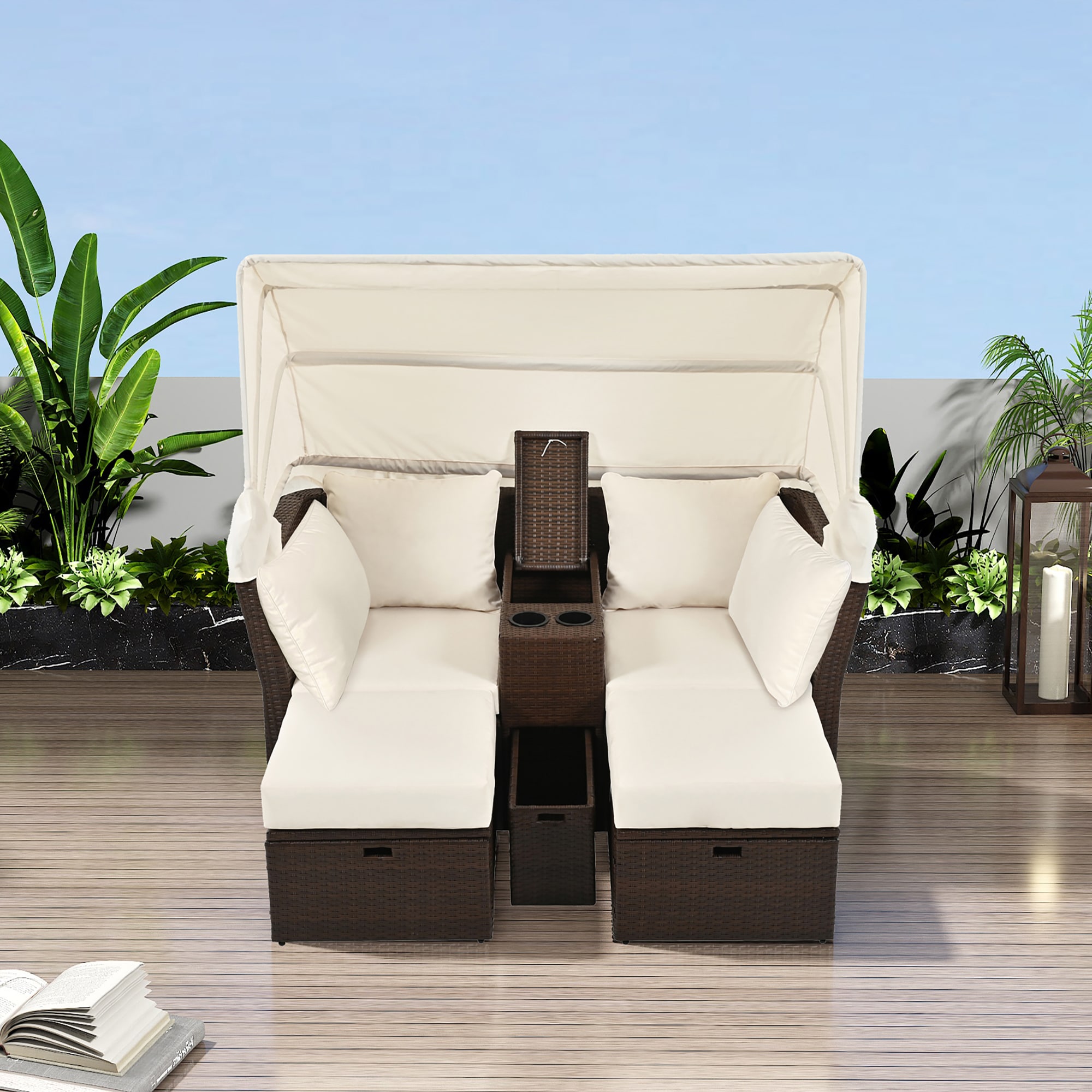 JIMSMAISON BOOFPDB04BEG Rattan Outdoor Daybed with Beige Cushions and Iron Frame