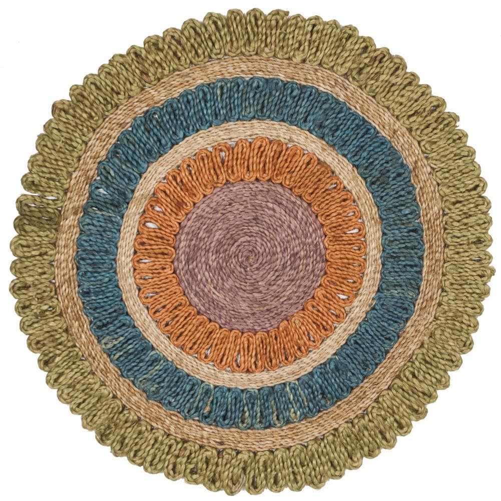 Safavieh NF201D-7R Natural Fiber Hancock 7 x 7 (ft) Jute Green/Multi Round Indoor Stripe Farmhouse/Cottage Area rug