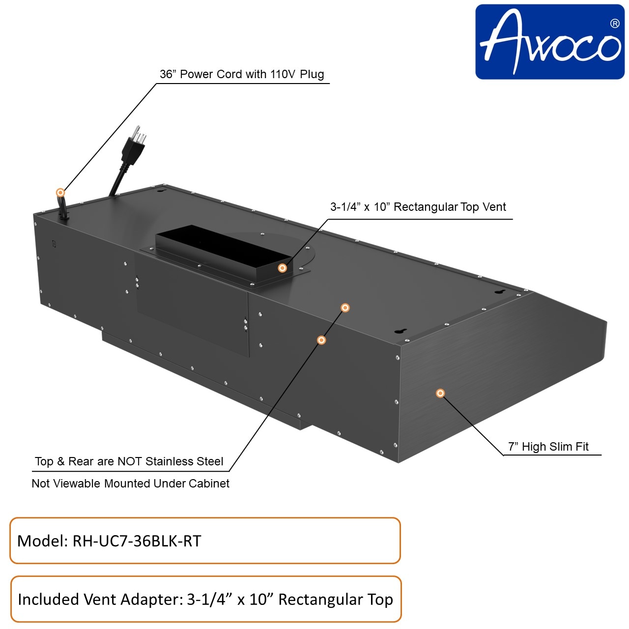Awoco RH-UC7-36BLK-RT Undercabinet-Range-Hoods - View #6