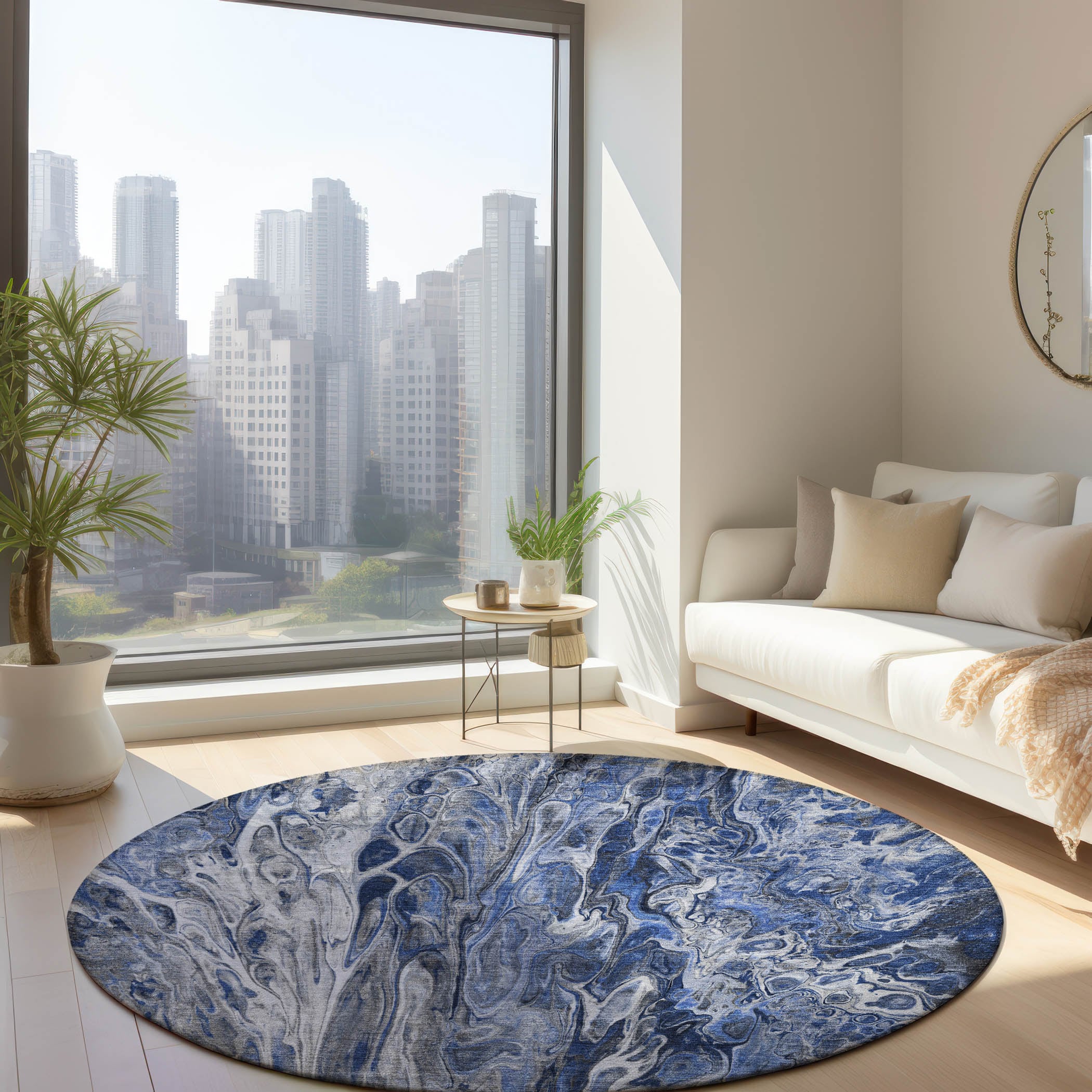 Addison Rugs ACN602BU8RO Chantille ACN602BU 8 x 8 (ft) Polyester Blue Round Indoor/Outdoor Abstract Machine washable Area rug