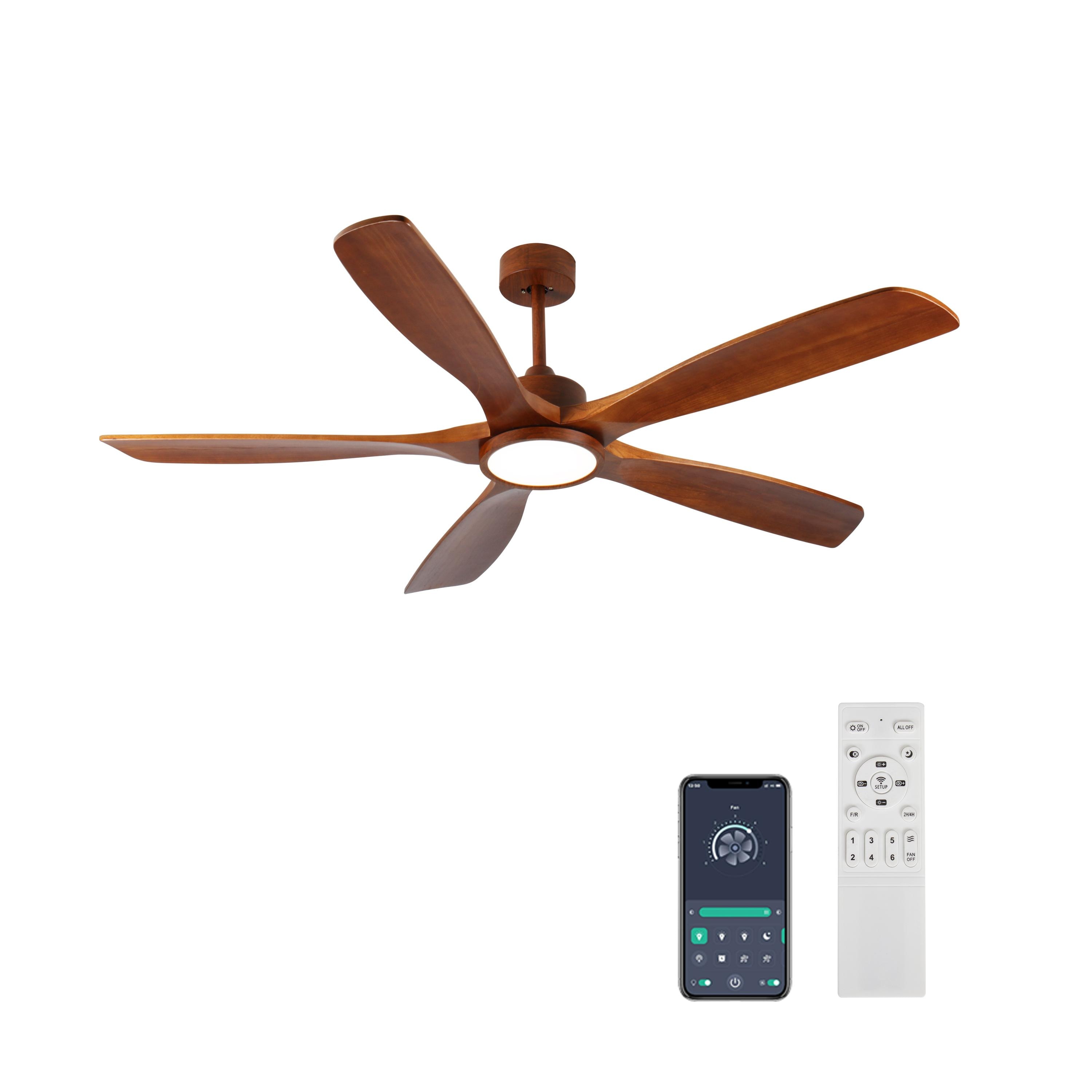 Bayfeve BFHC-16286-CF Adjustable Speed 60 Color-Changing Integrated LED Outdoor Downrod or Flush Mount Brown with Solid Wood Blades Ceiling Fan With Light - Remote Included ( 5 -Blade )
