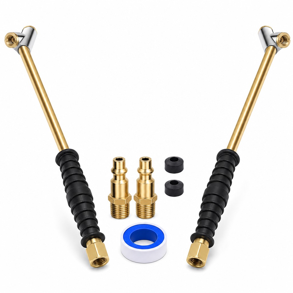OGETFUUR 16.25in 2-Head Brass Lock On Dual Air Chuck Extended Heavy Duty Tire Inflate Chuck Quick Plug