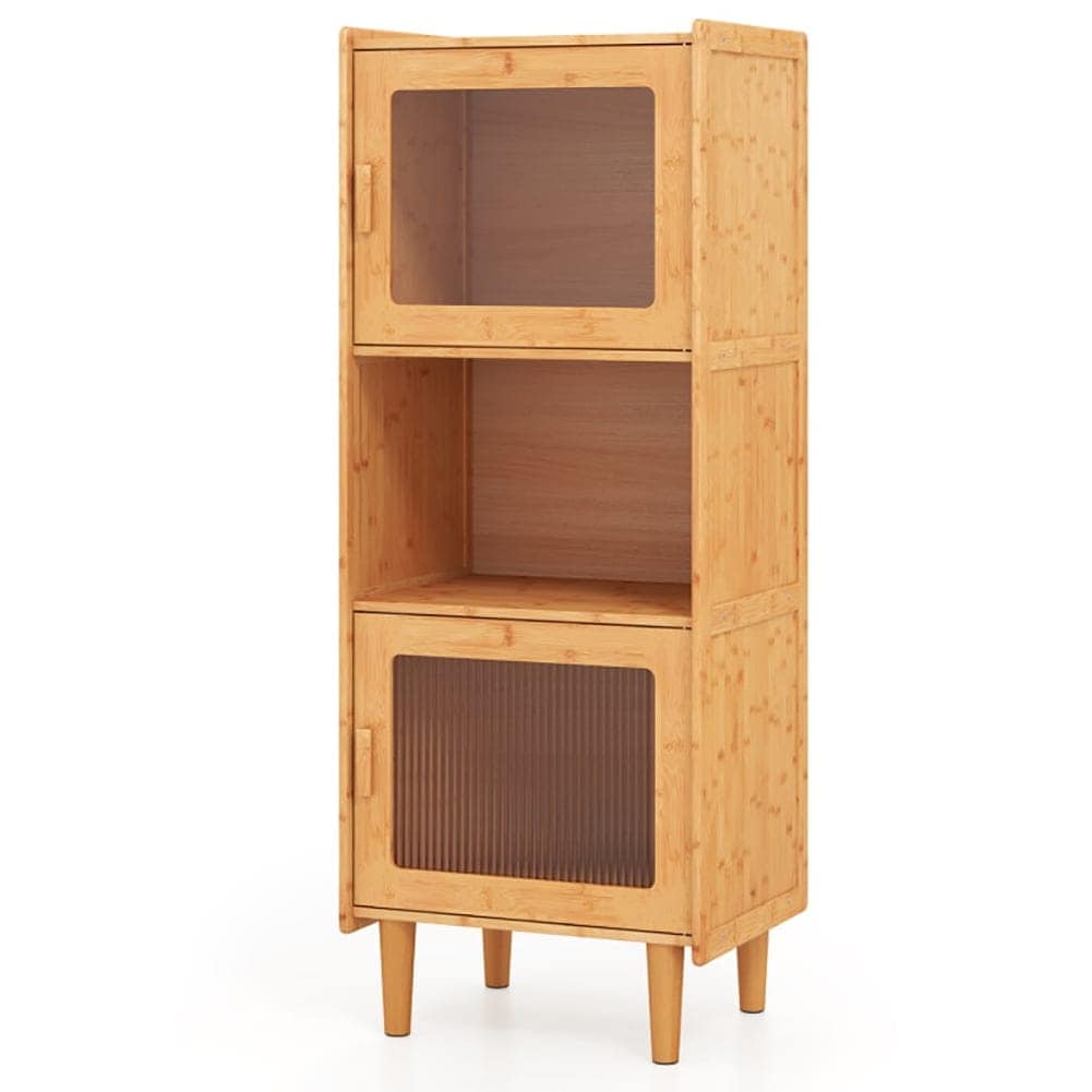 VERYKE 3-Cube Bamboo Storage Cabinet Cabinet with Open Compartment and 2 Acrylic Doors Natural #6258702692533