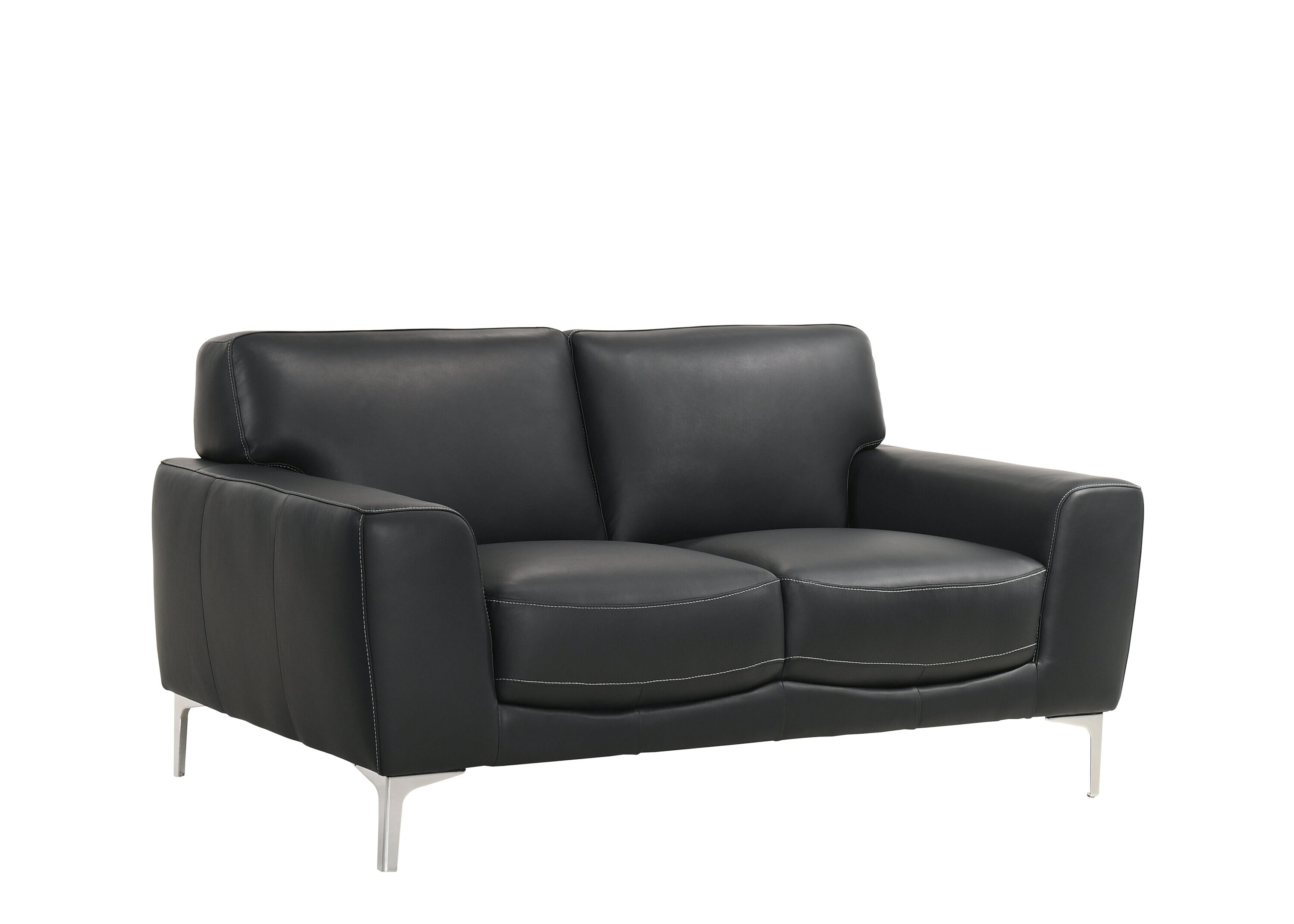 Transitional Carrara Black Leather Loveseat with Metal Legs