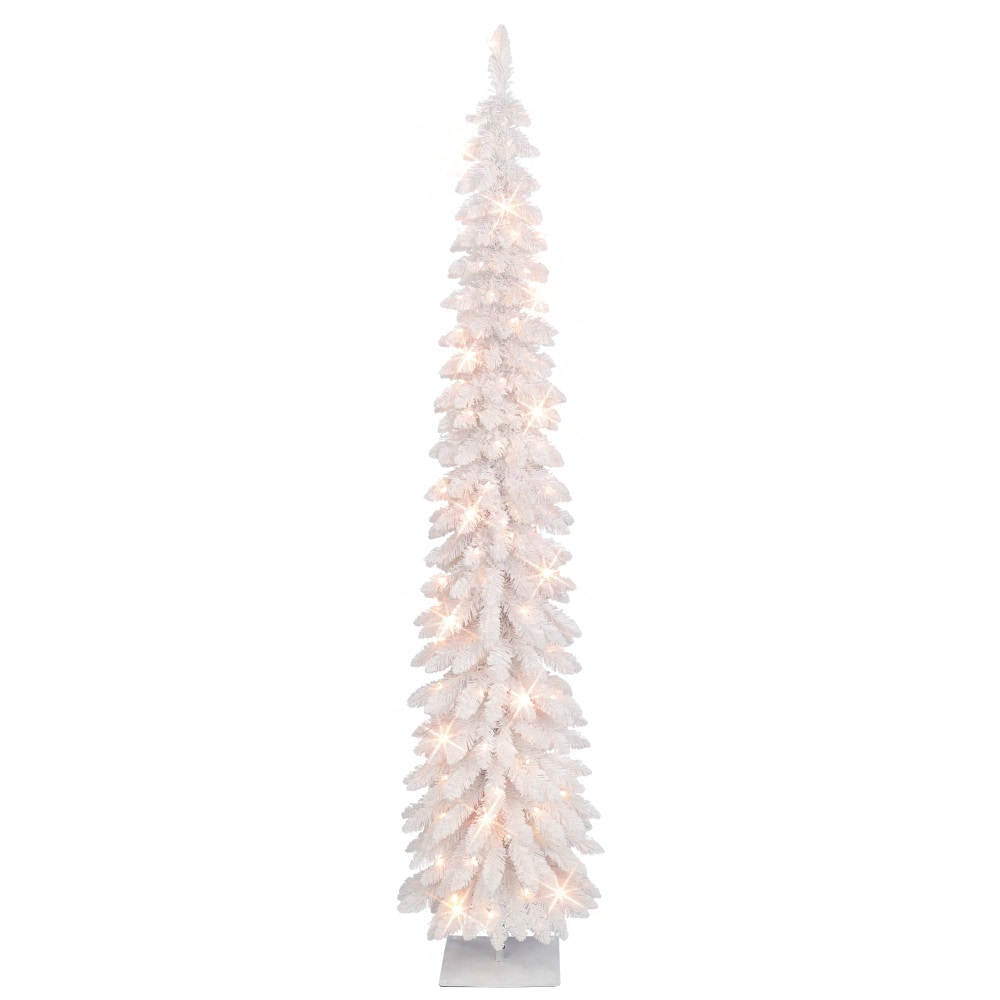 7-ft Pine Pre-lit Pencil Flocked White Artificial Christmas Tree with Incandescent Lights | - Puleo International 01063A-TFP70C15-WH