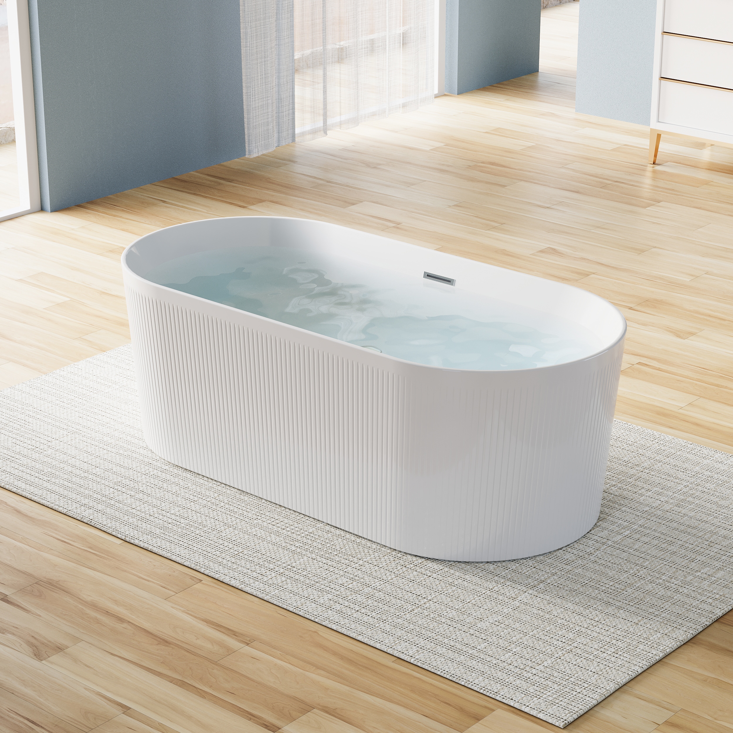 WELLFOR JO-115355 BM Acrylic Freestanding Bathtub 67-in x 31.5-in White Acrylic Oval Freestanding Soaking bathtub Drain ( Center Drain )