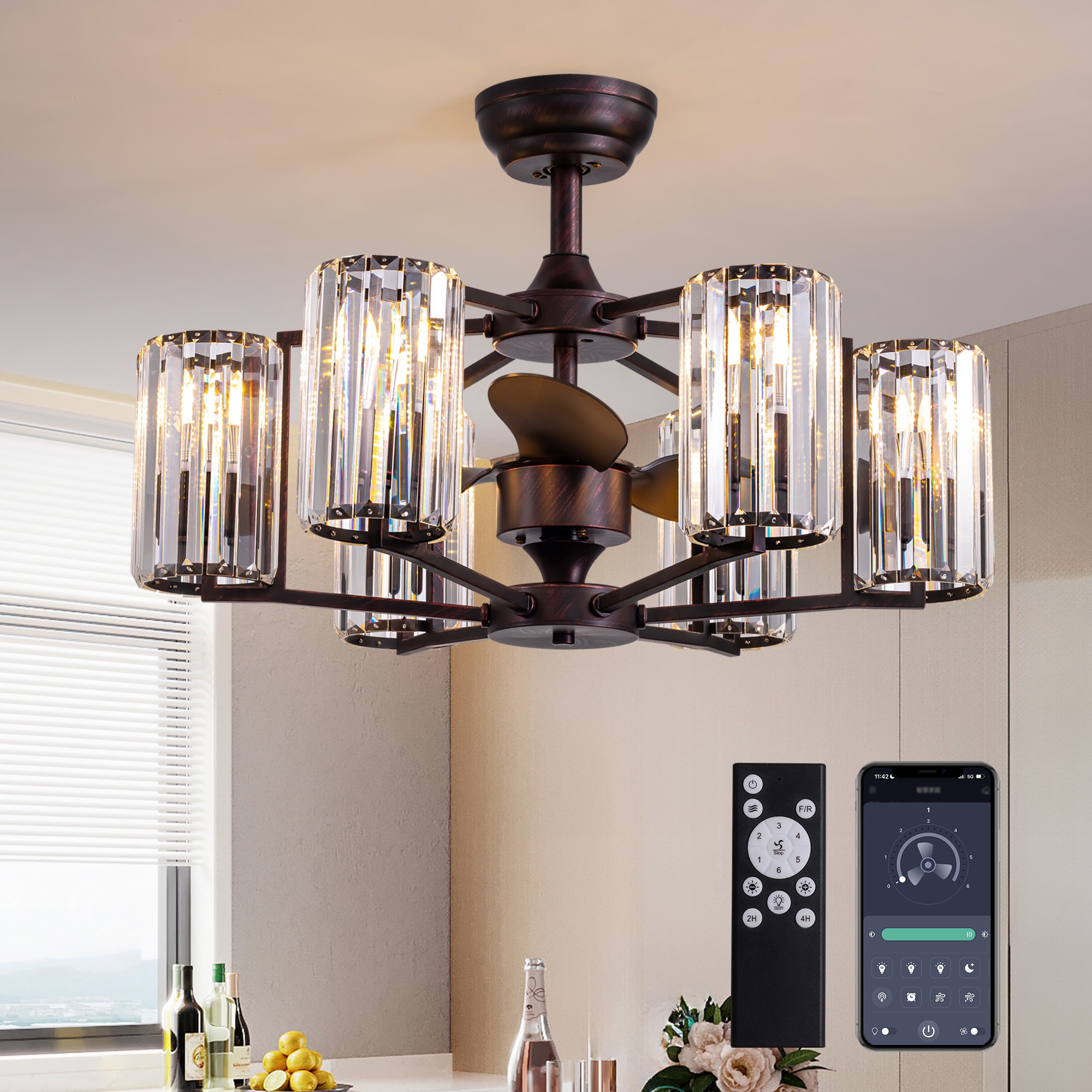 Antoine DCLW044 27-in Integrated LED Smart Antique Copper with Clear Brown Blades Fandelier Ceiling Fan With Light - Remote Included ( 3 -Blade )