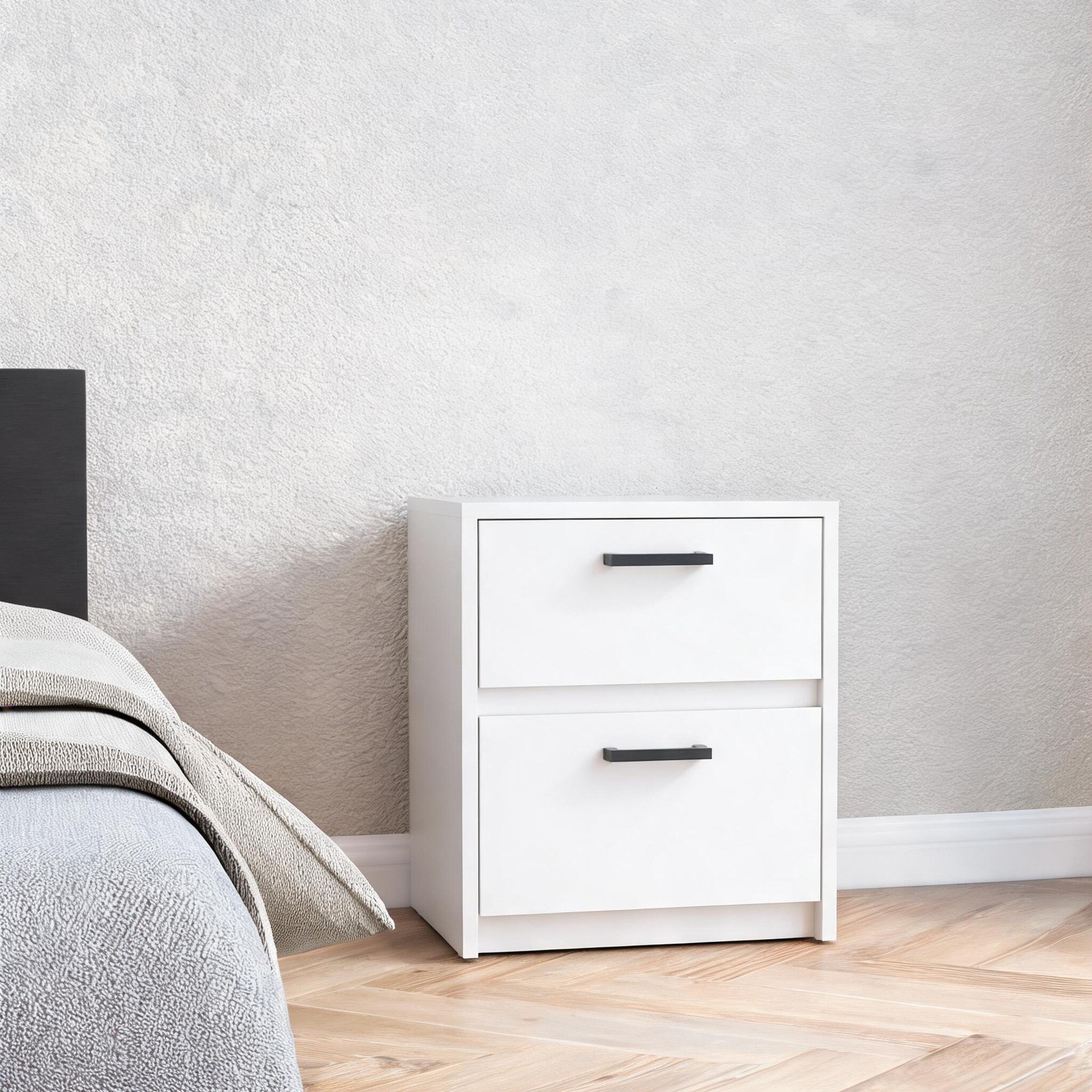 Compact Two-Drawer Nightstand in Crisp White with Metal Handles Contemporary Rectangular Side Table